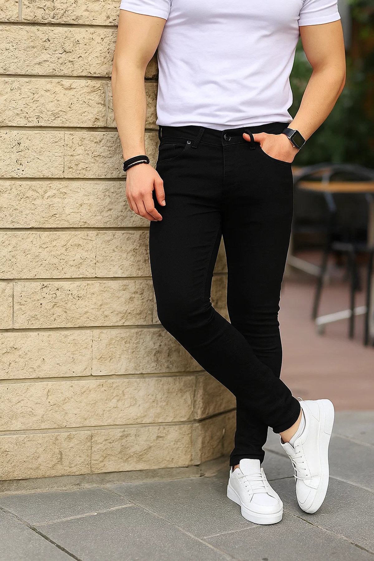 Erkek Jeans Slim Fit Likralı Denim Siyah Kot Pantolon