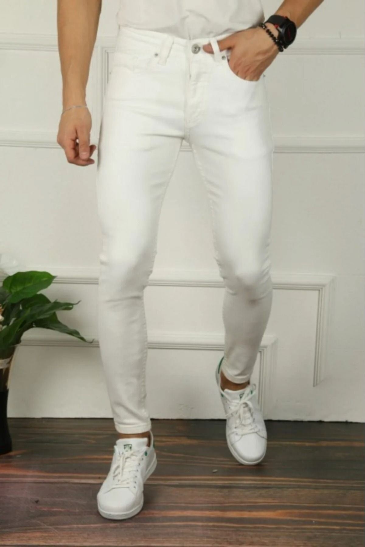 Erkek Jeans Slim Fit Likralı Denim Beyaz Kot Pantolon