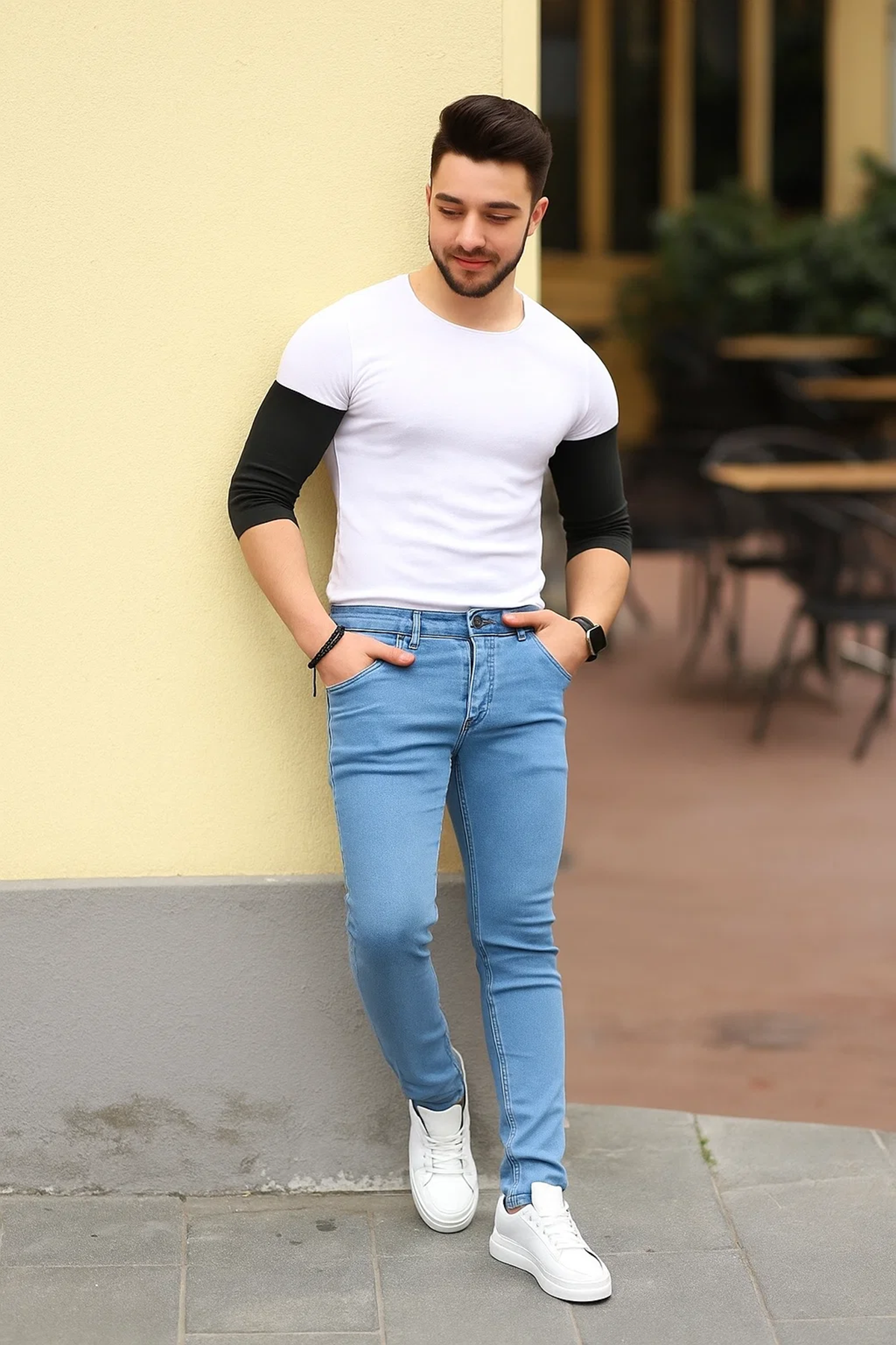 Erkek Jeans Slim Fit Likralı Denim Buz Mavi Kot Pantolon