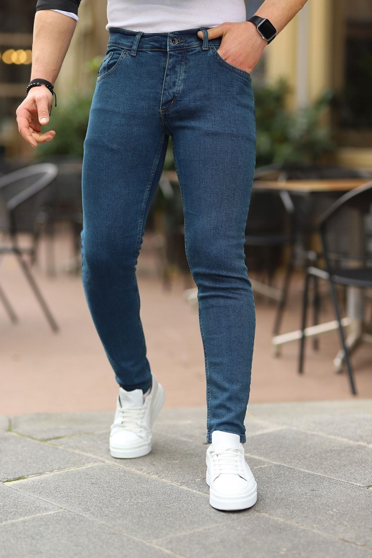 Erkek Jeans Slim Fit Likralı Denim Mavi Kot Pantolon