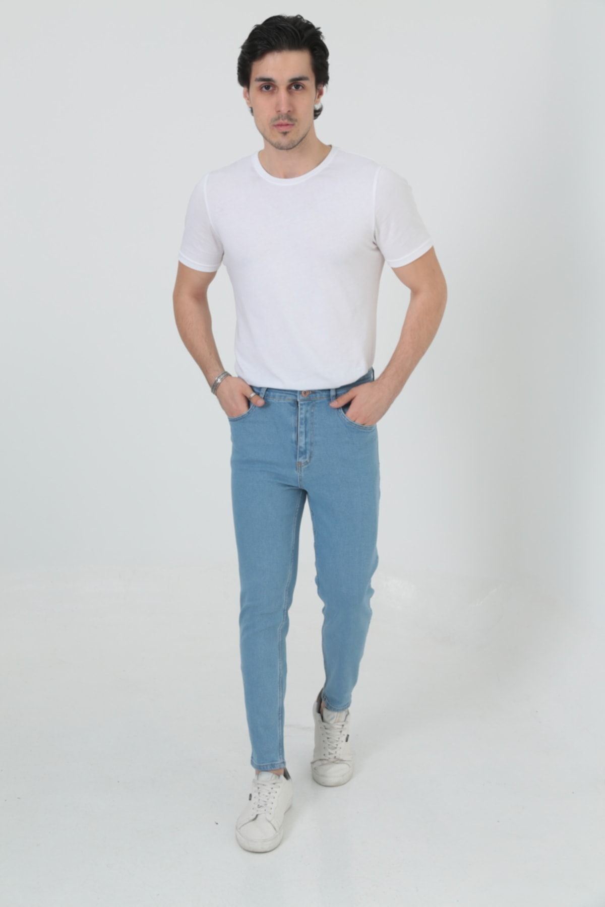 Erkek Likralı Jean Boyfriend Denim Açık Mavi Kot Pantolon