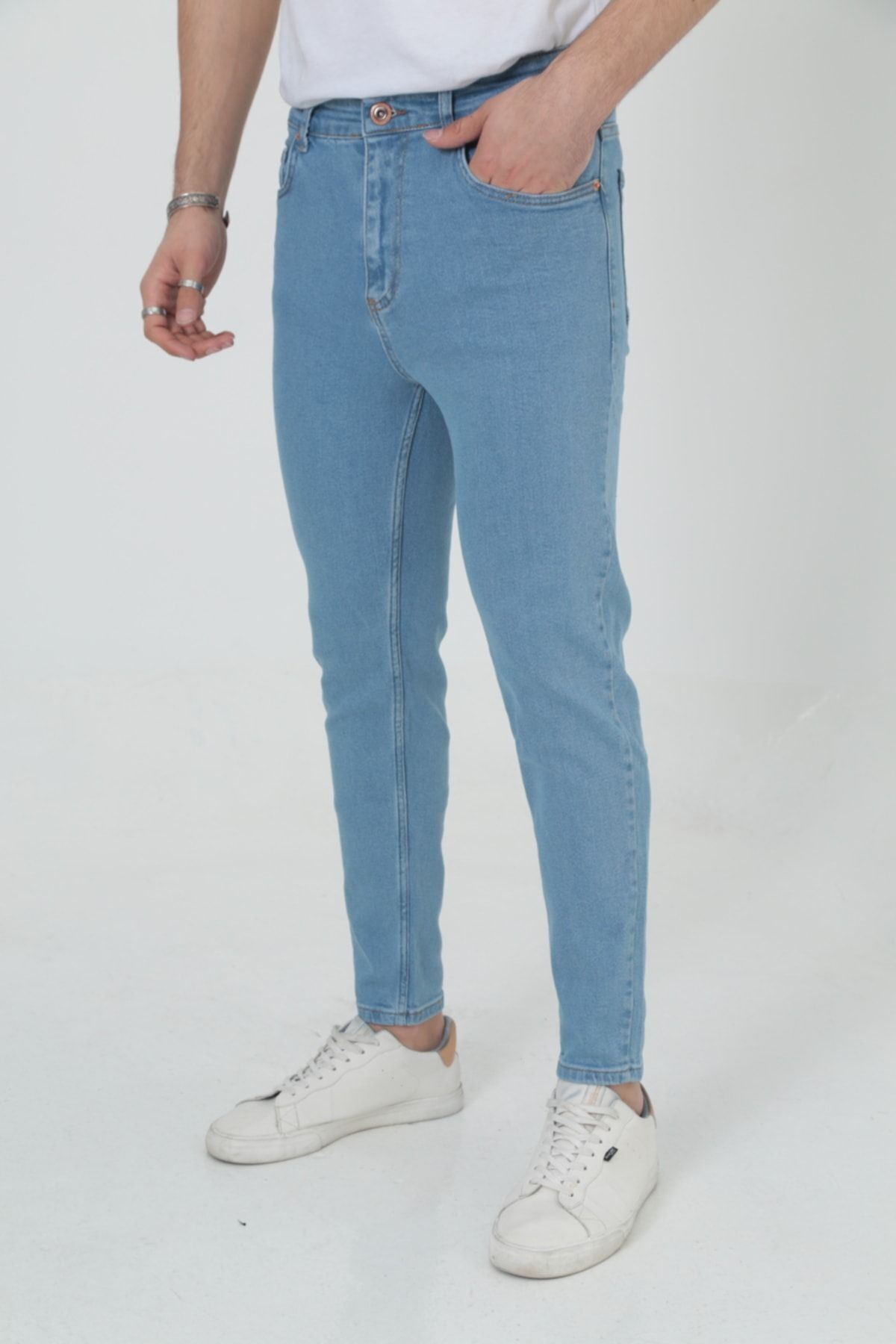 Erkek Likralı Jean Boyfriend Denim Açık Mavi Kot Pantolon