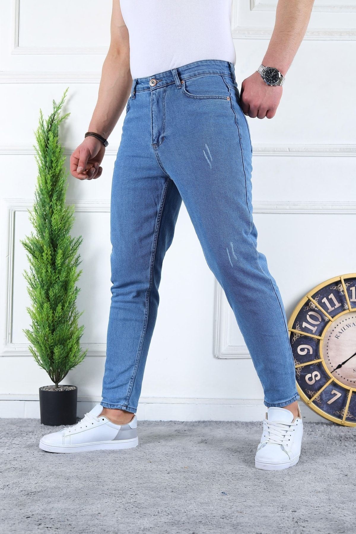Erkek Likralı Jean Boyfriend Denim Buz Mavi Kot Pantolon
