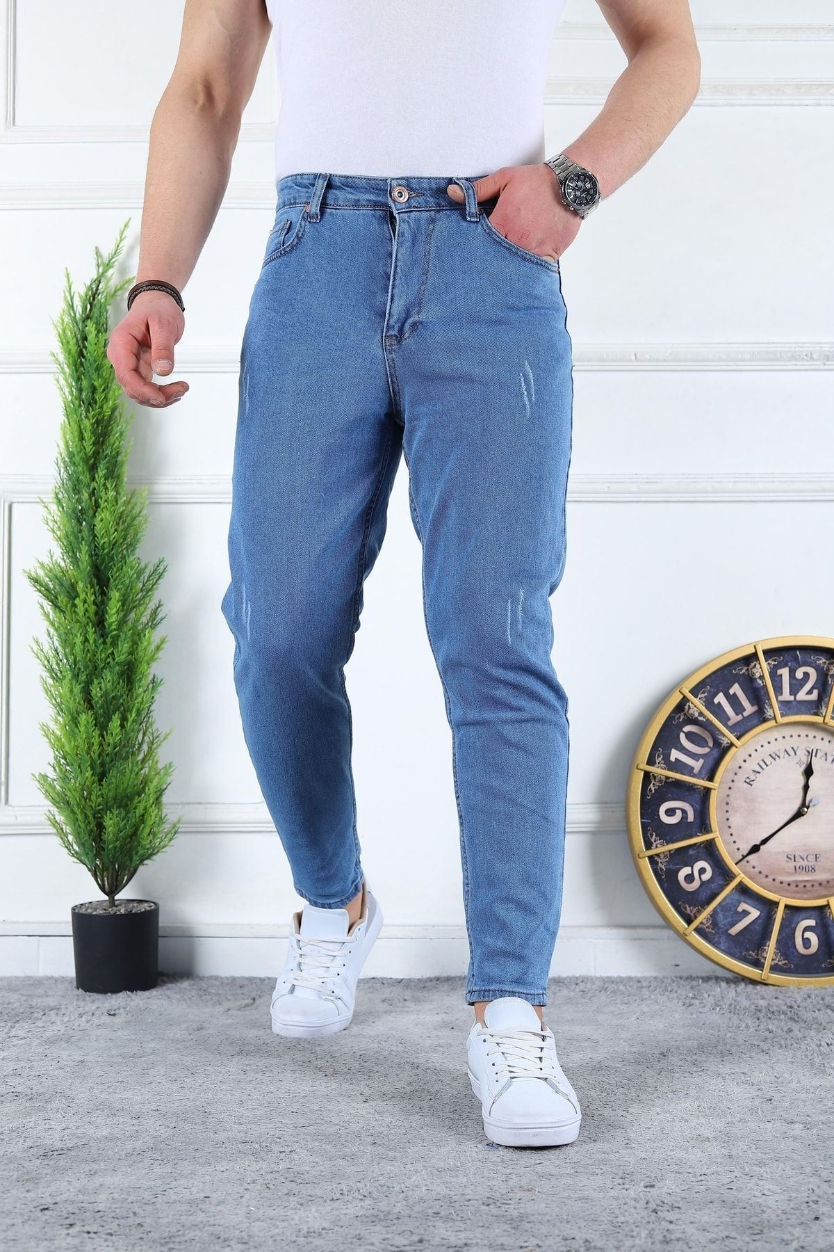 Erkek Likralı Jean Boyfriend Denim Buz Mavi Kot Pantolon