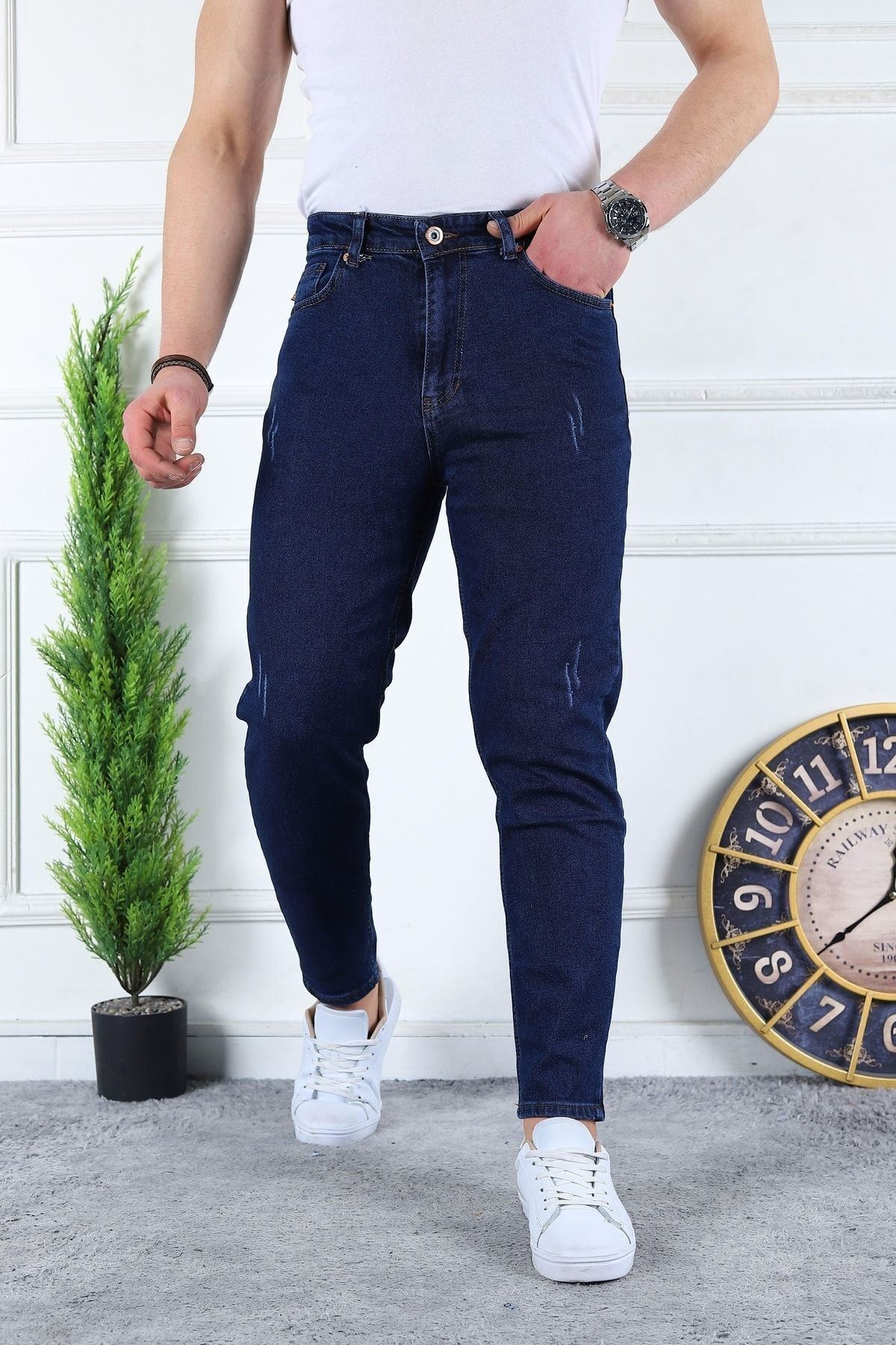 Erkek Likralı Jean Boyfriend Denim Lacivert Kot Pantolon