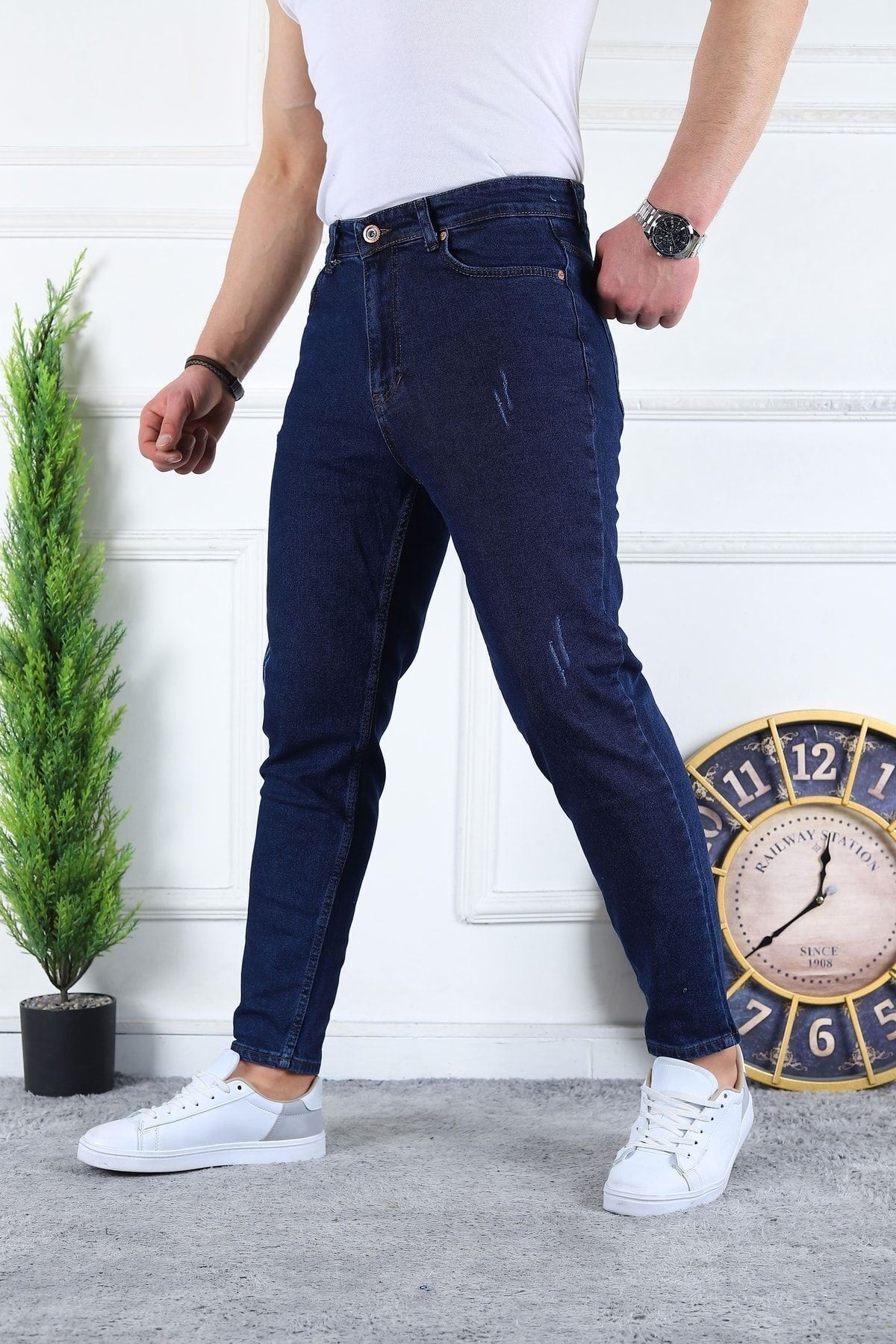 Erkek Likralı Jean Boyfriend Denim Lacivert Kot Pantolon