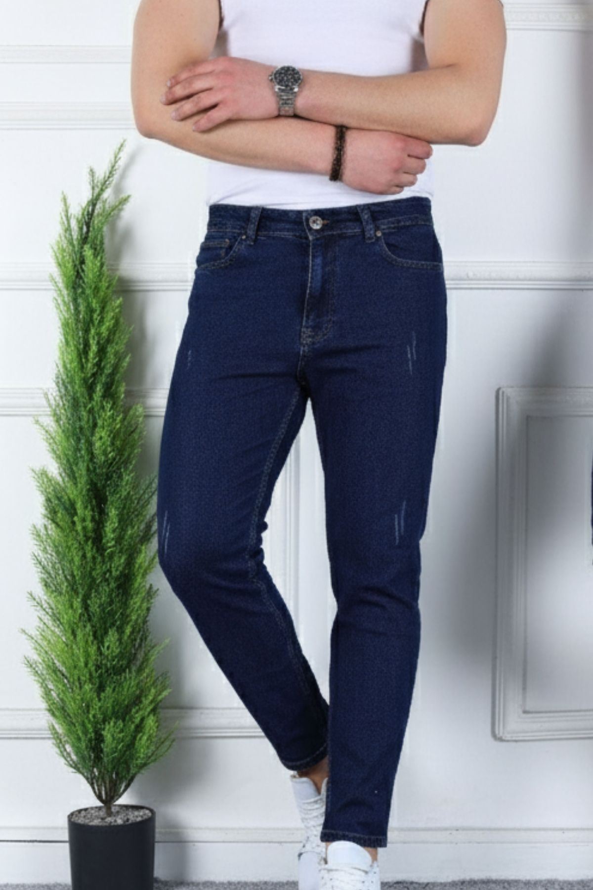 Erkek Likralı Jean Boyfriend Denim Lacivert Kot Pantolon