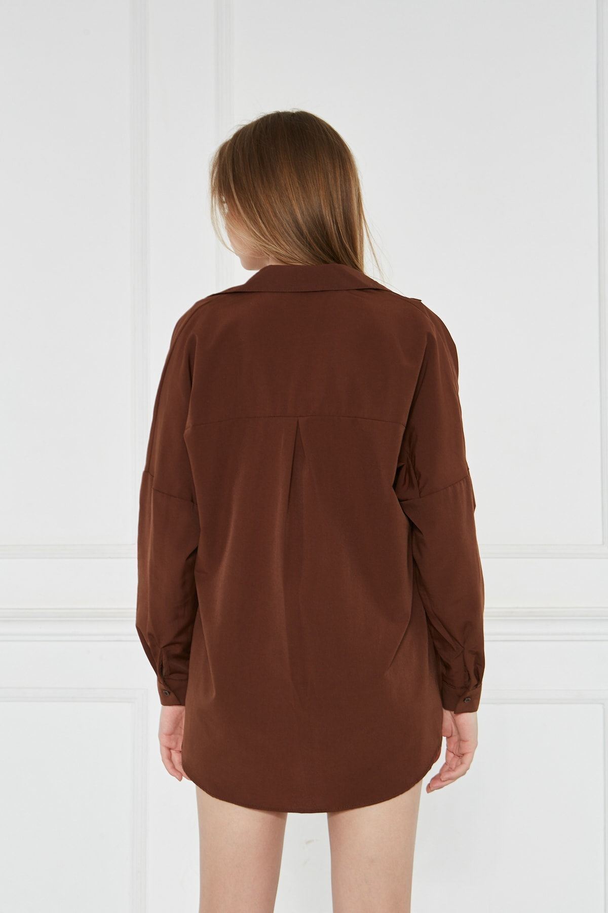 Kadın Oversize Uzun Basic Kahve Gömlek