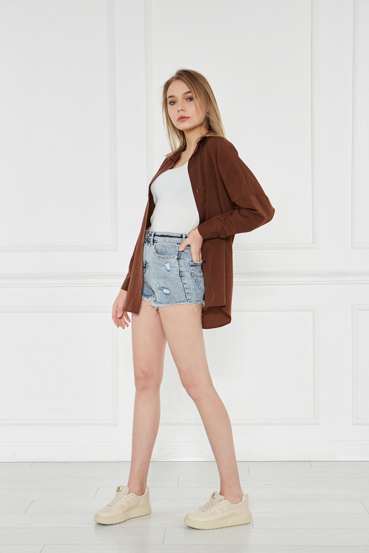 Kadın Oversize Uzun Basic Kahve Gömlek