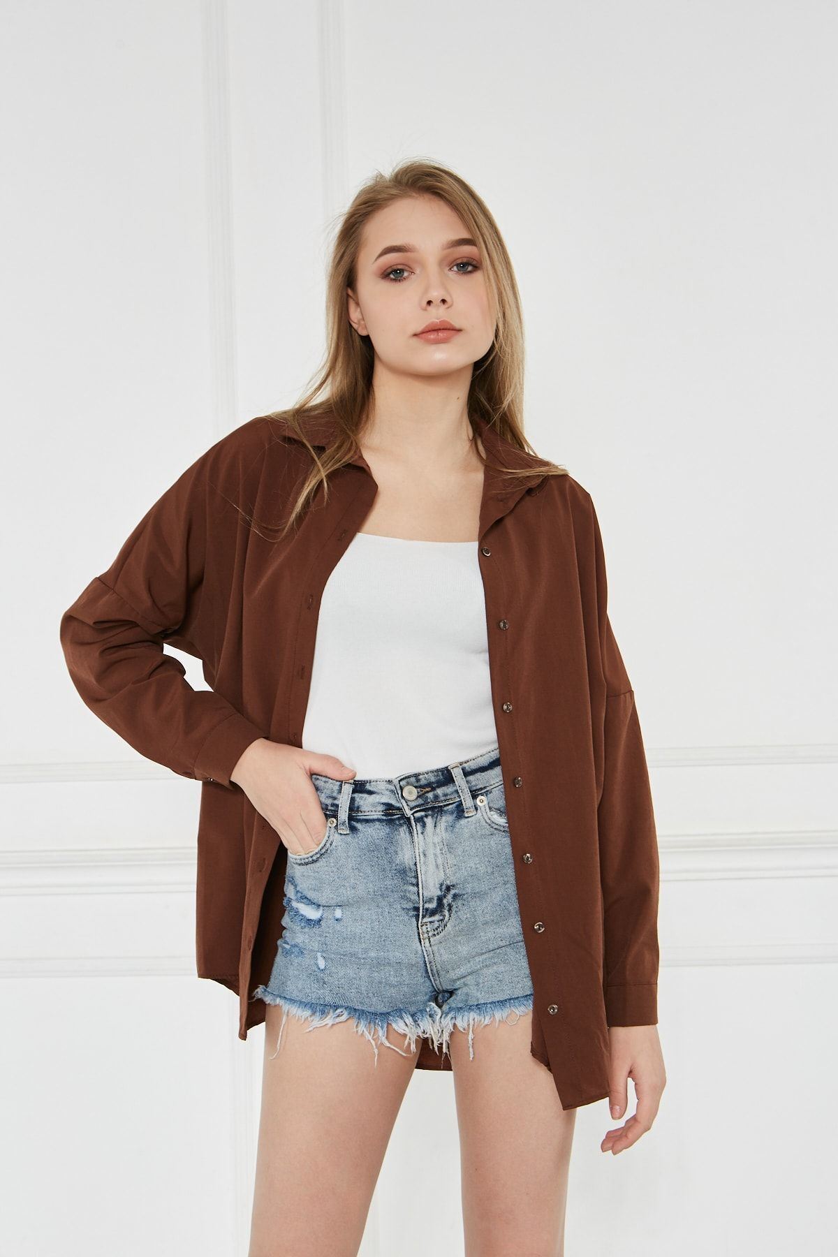 Kadın Oversize Uzun Basic Kahve Gömlek