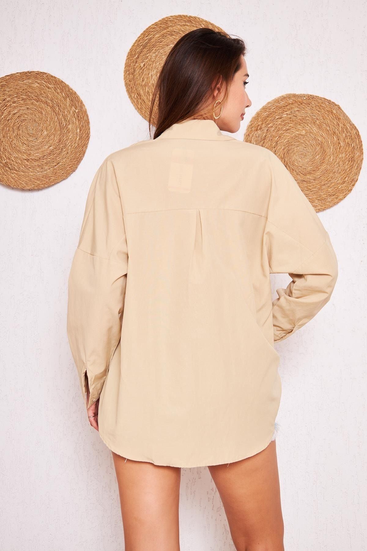 Kadın Oversize Uzun Basic Krem Gömlek