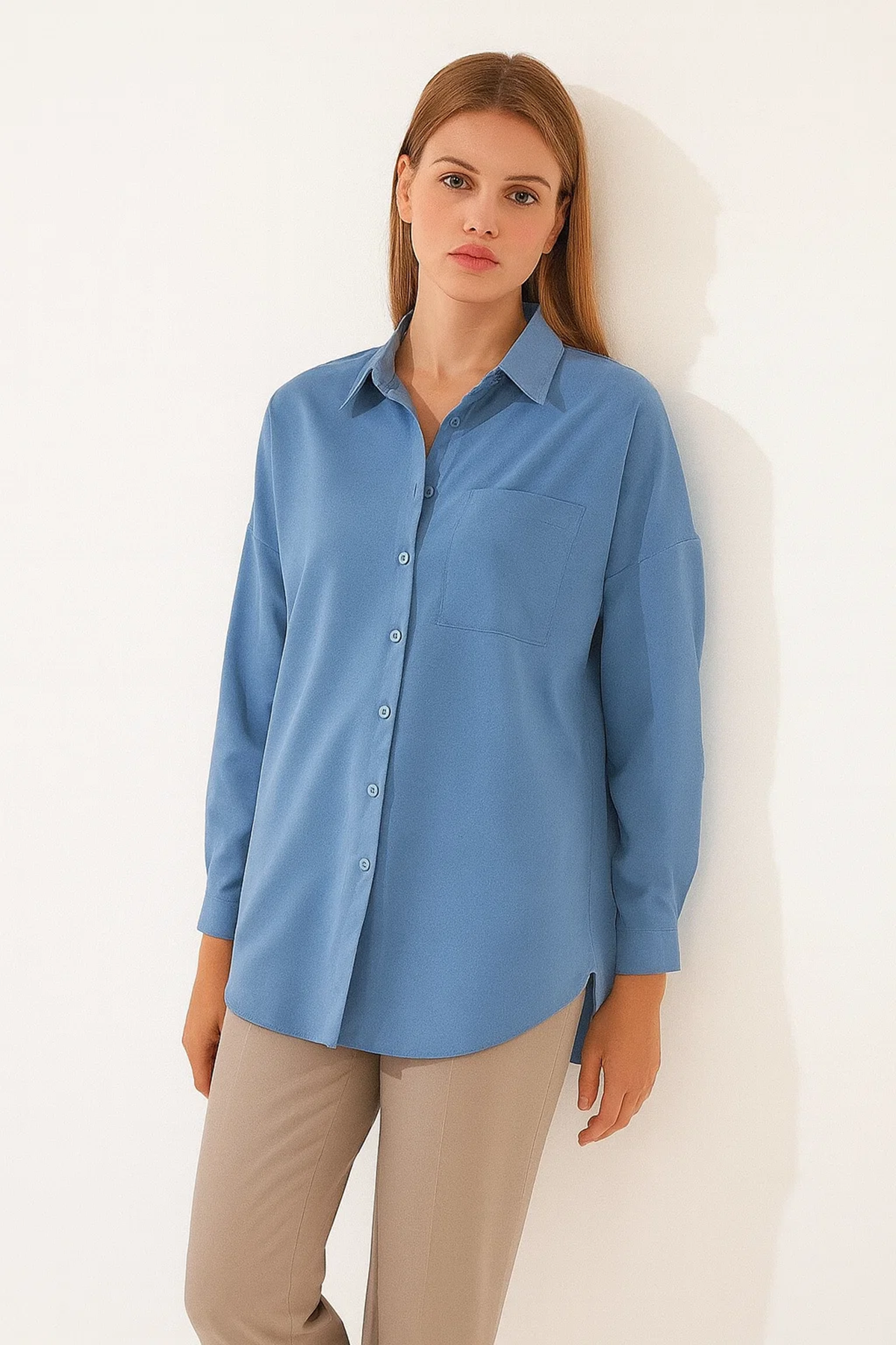 Kadın Oversize Uzun Basic Gömlek