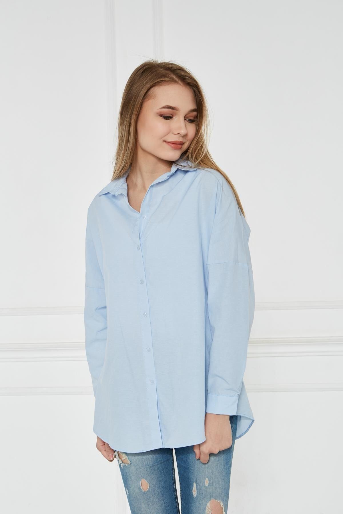 Kadın Oversize Uzun Basic Mavi Gömlek