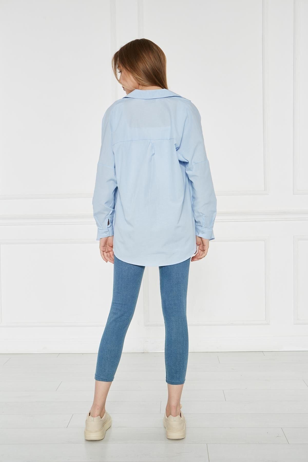 Kadın Oversize Uzun Basic Mavi Gömlek