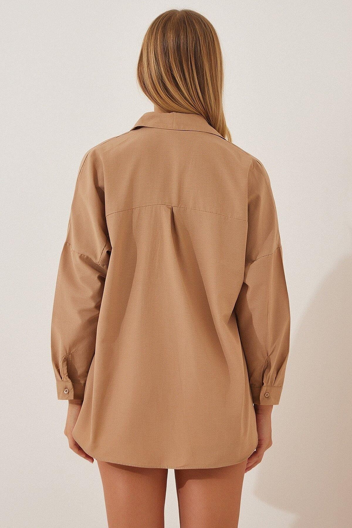 Kadın Oversize Uzun Basic Camel Gömlek