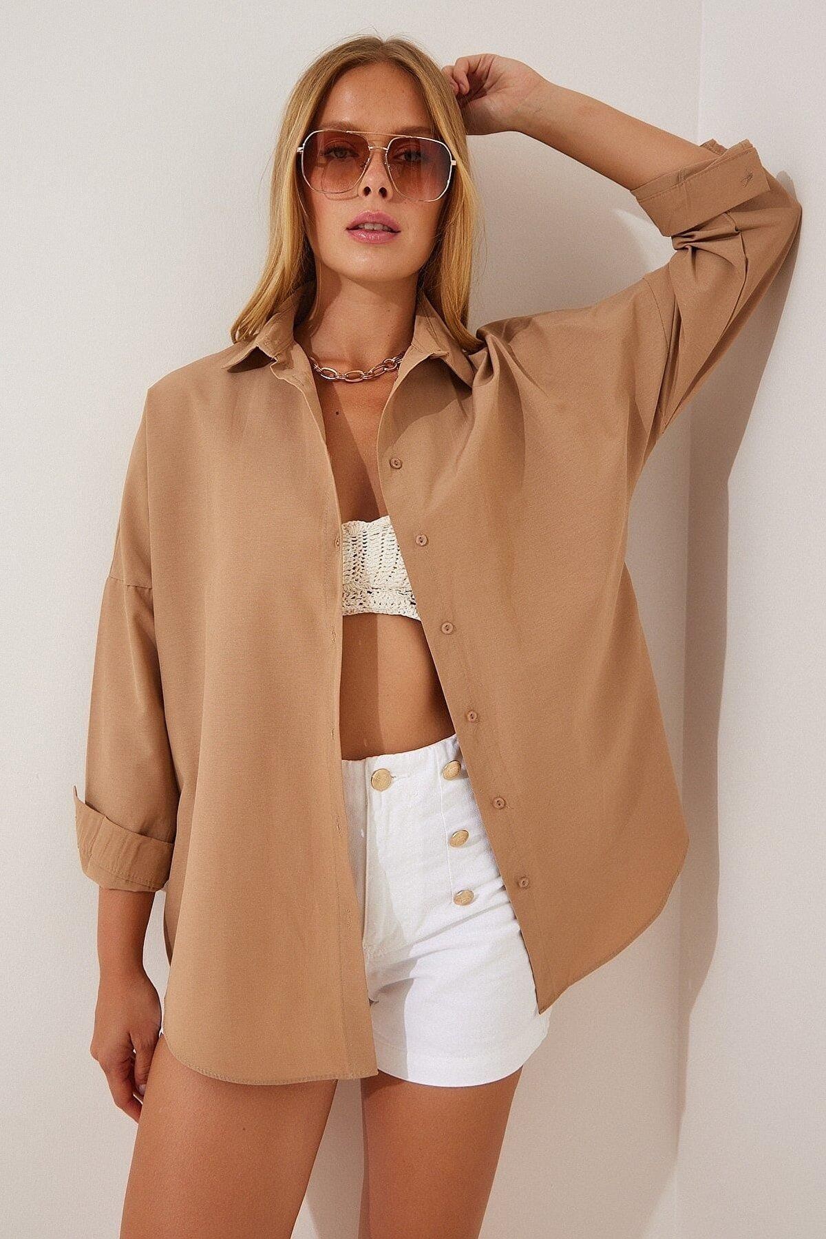 Kadın Oversize Uzun Basic Camel Gömlek
