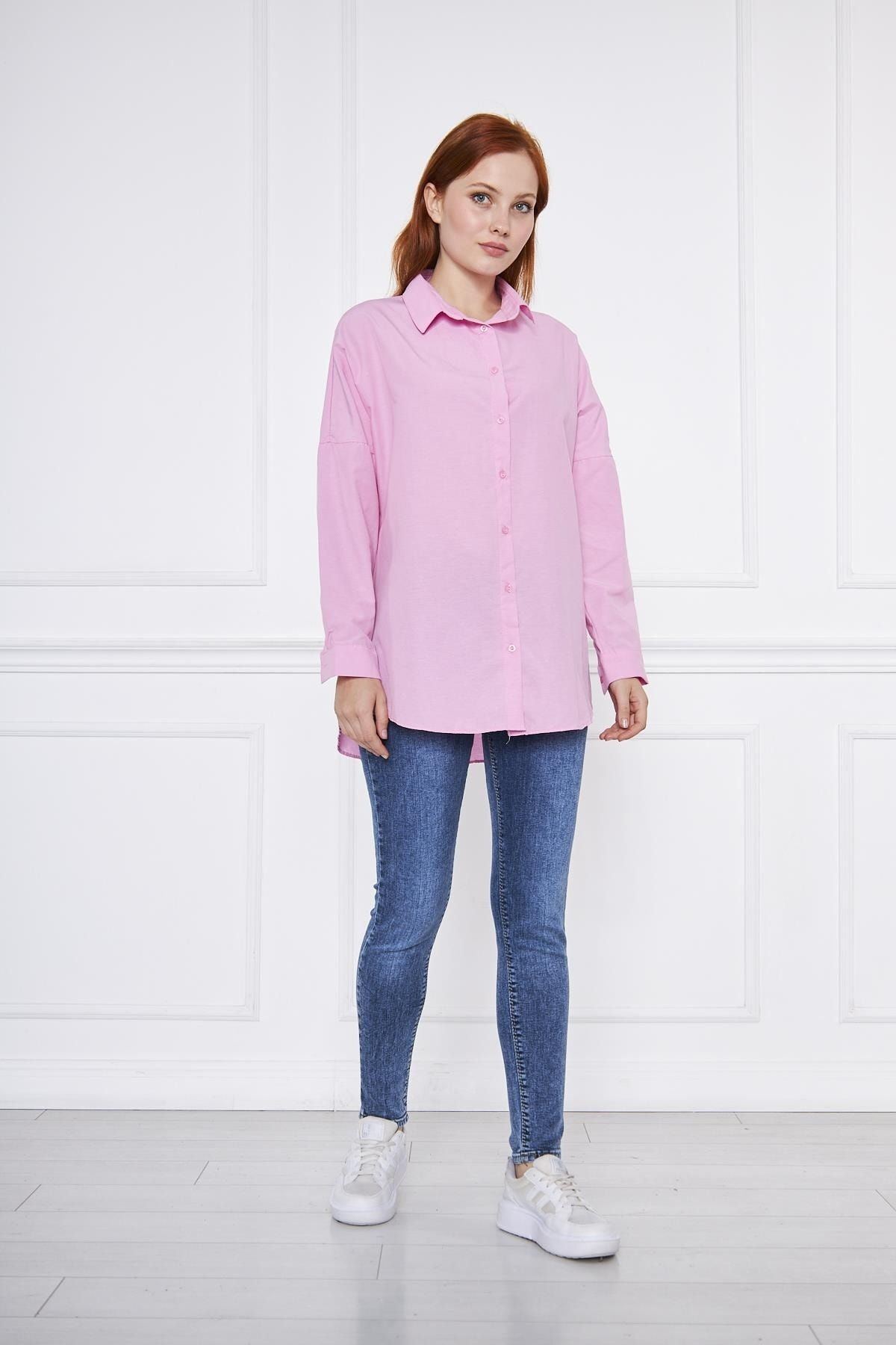 Kadın Oversize Uzun Basic Fuşya Gömlek
