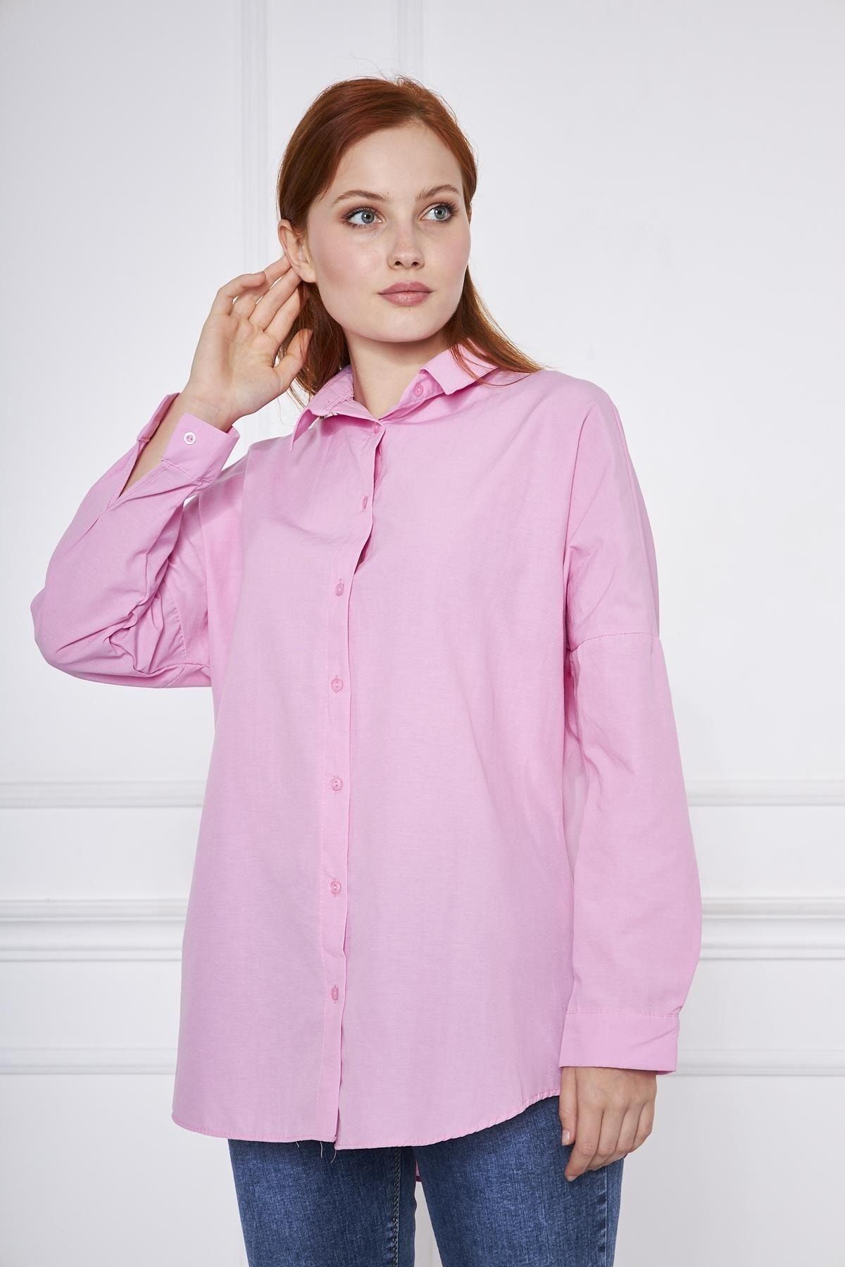 Kadın Oversize Uzun Basic Fuşya Gömlek