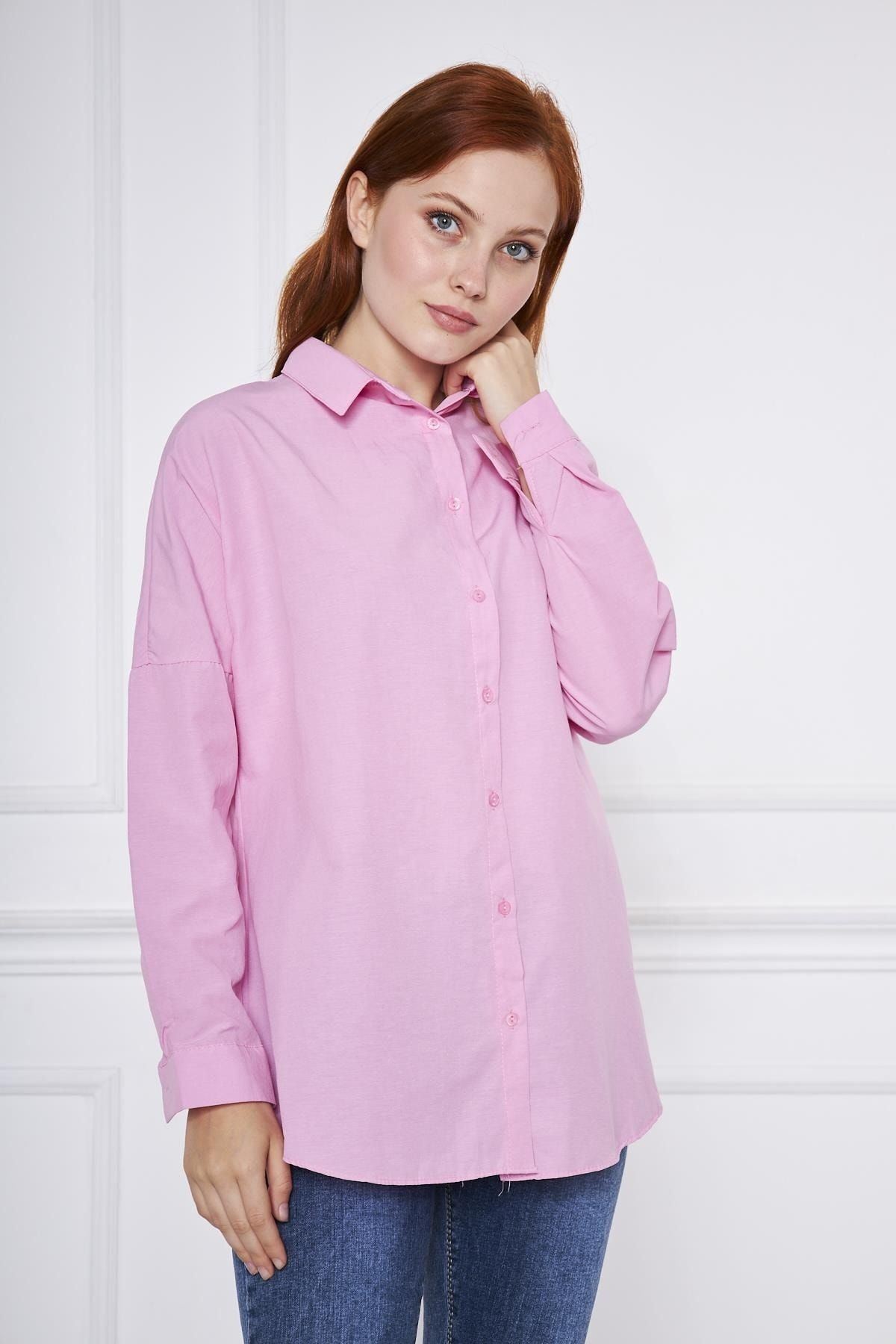 Kadın Oversize Uzun Basic Fuşya Gömlek