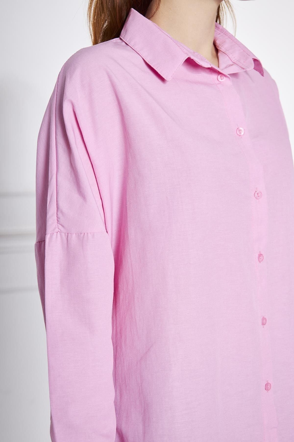 Kadın Oversize Uzun Basic Fuşya Gömlek