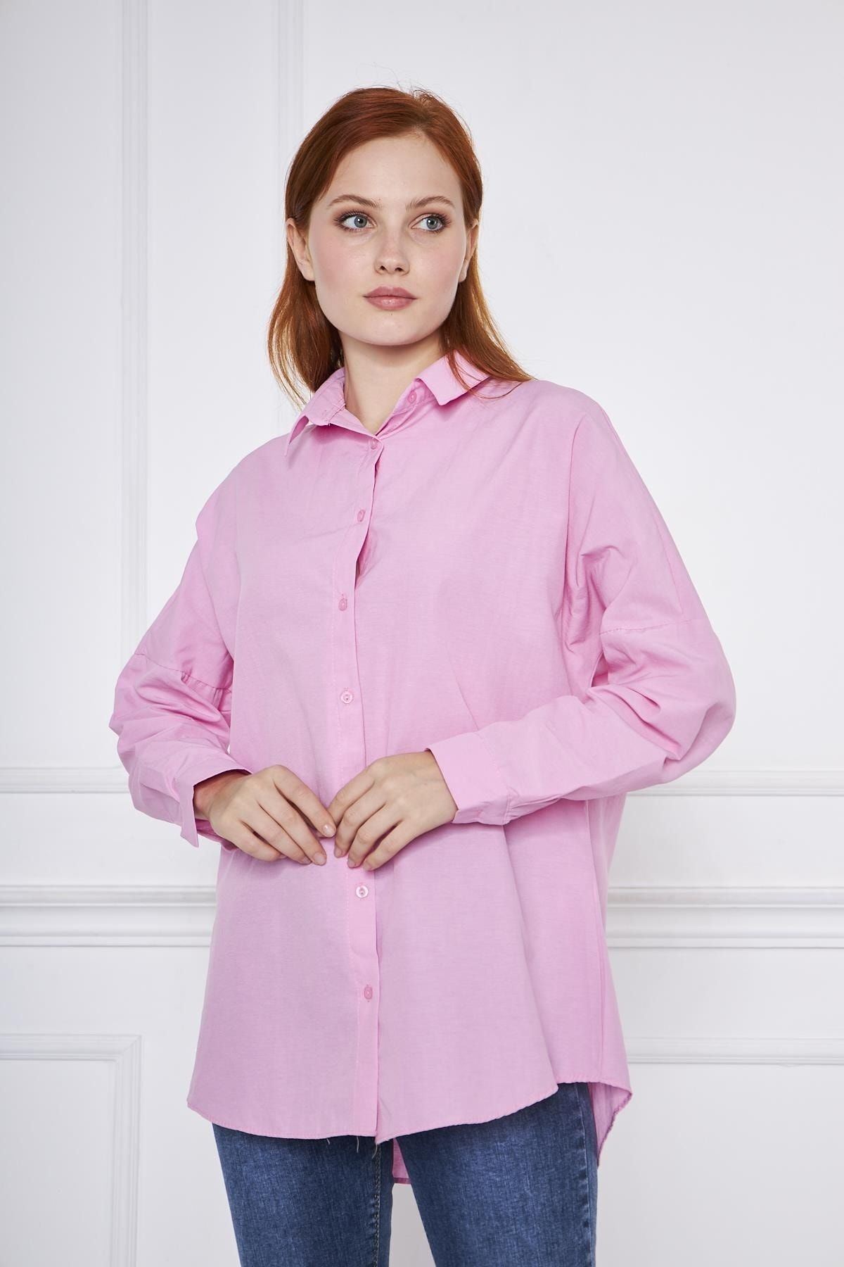 Kadın Oversize Uzun Basic Fuşya Gömlek