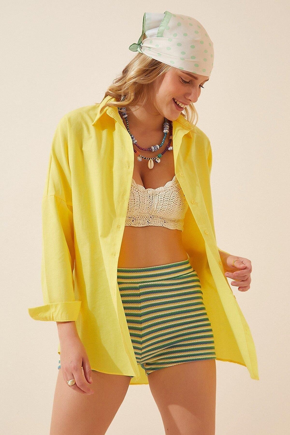 Kadın Oversize Uzun Basic Sarı Gömlek