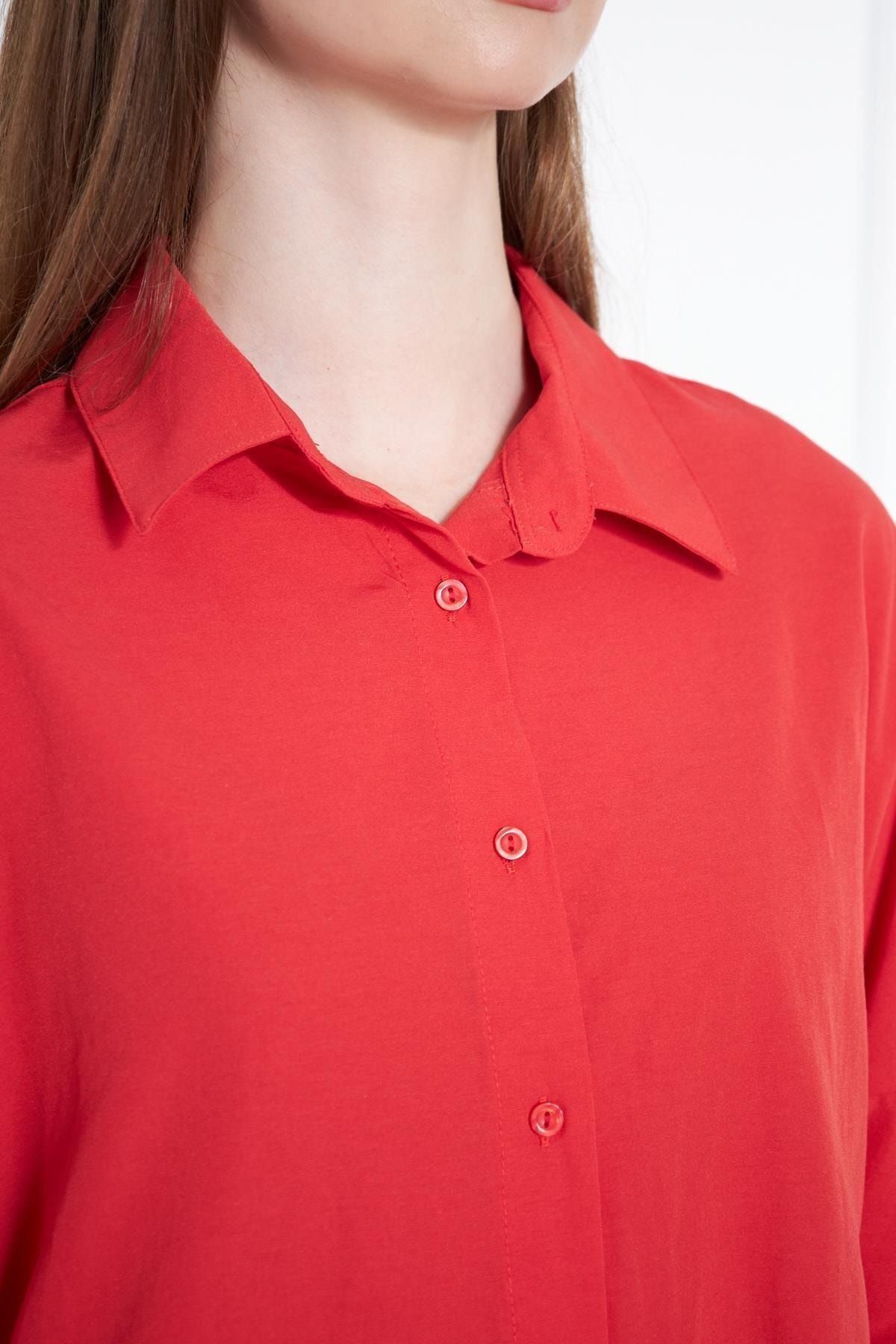 Kadın Oversize Uzun Basic Kırmızı Gömlek