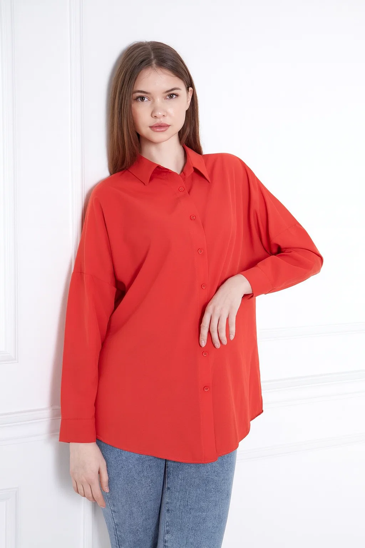 Kadın Oversize Uzun Basic Kırmızı Gömlek