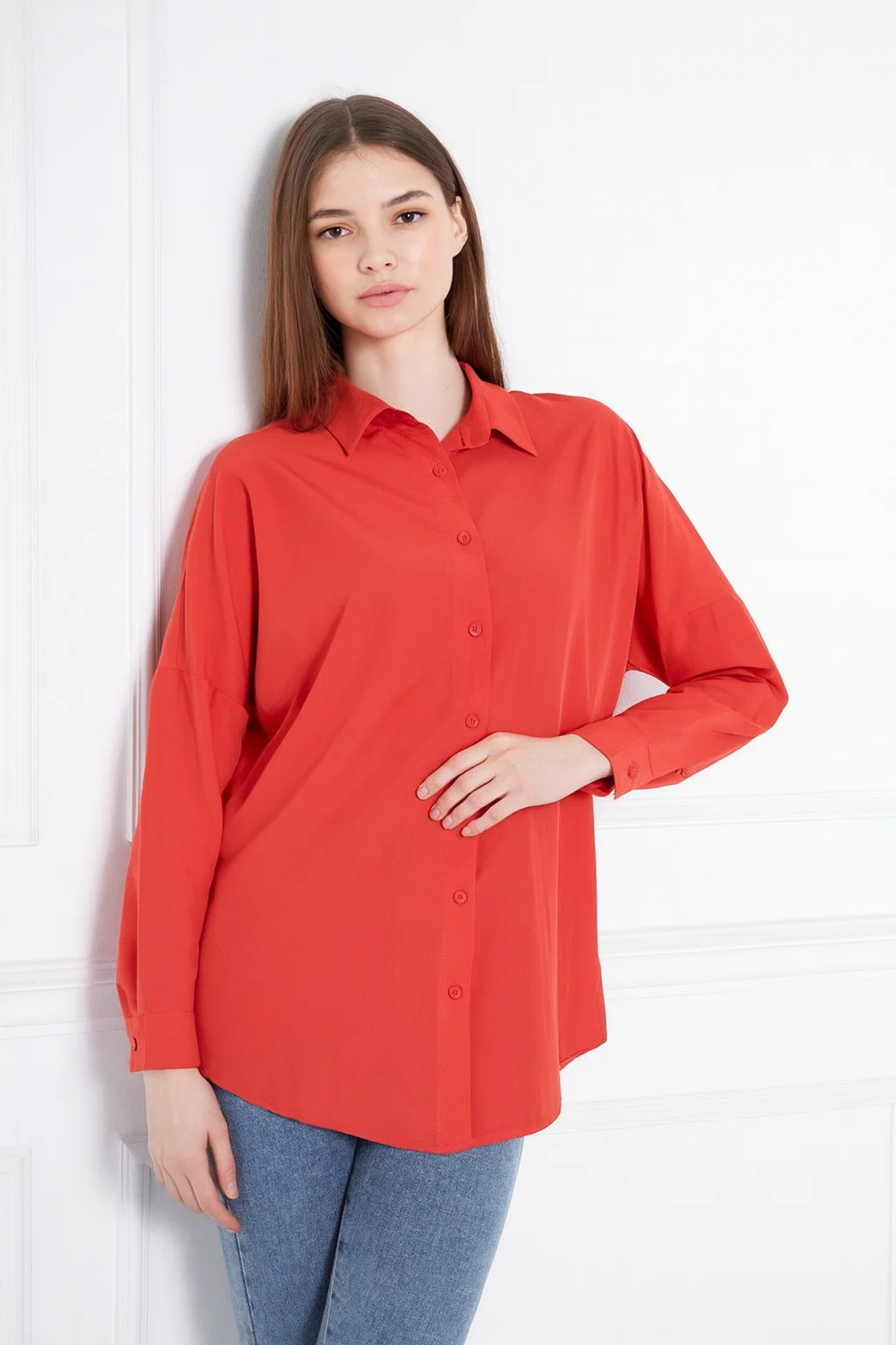 Kadın Oversize Uzun Basic Kırmızı Gömlek