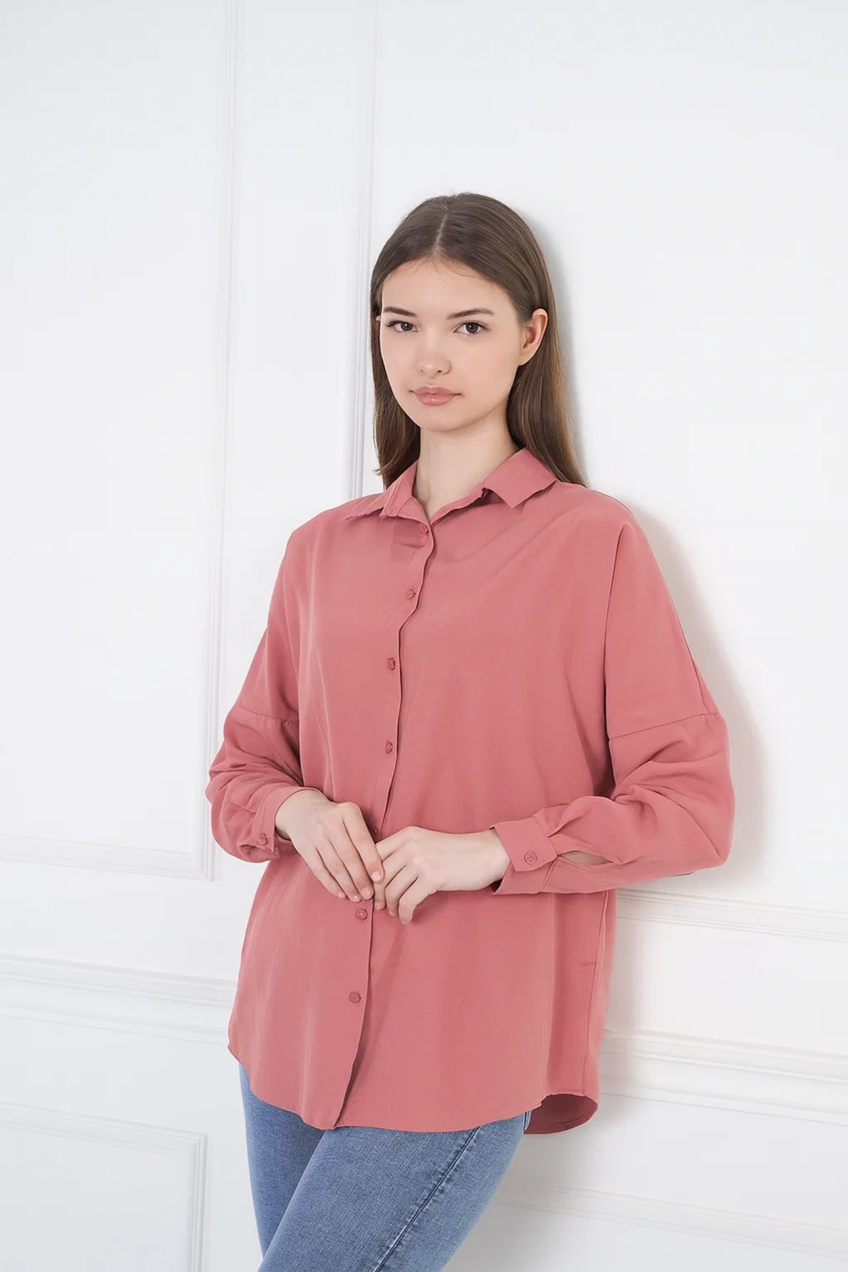 Kadın Oversize Uzun Basic Pembe Gömlek