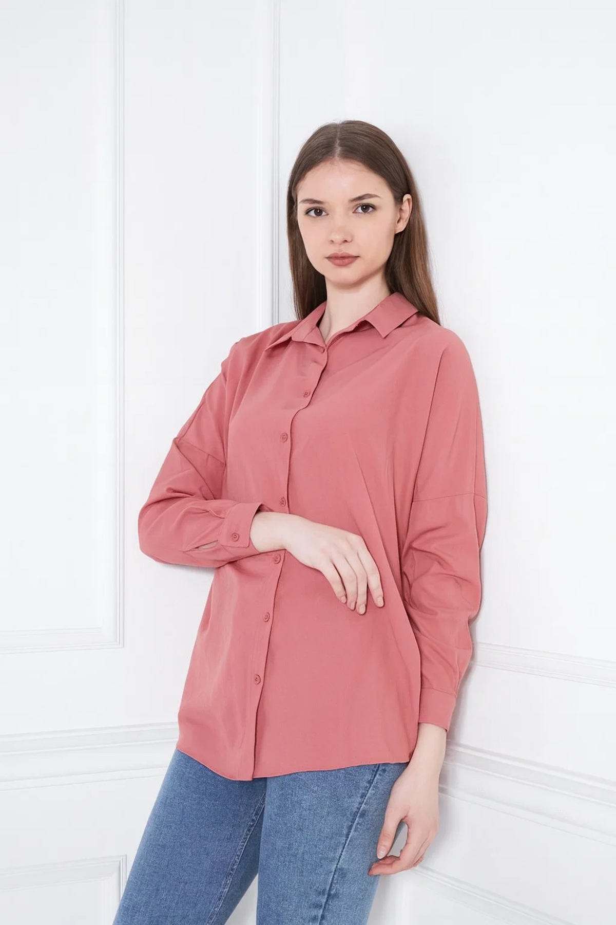 Kadın Oversize Uzun Basic Pembe Gömlek