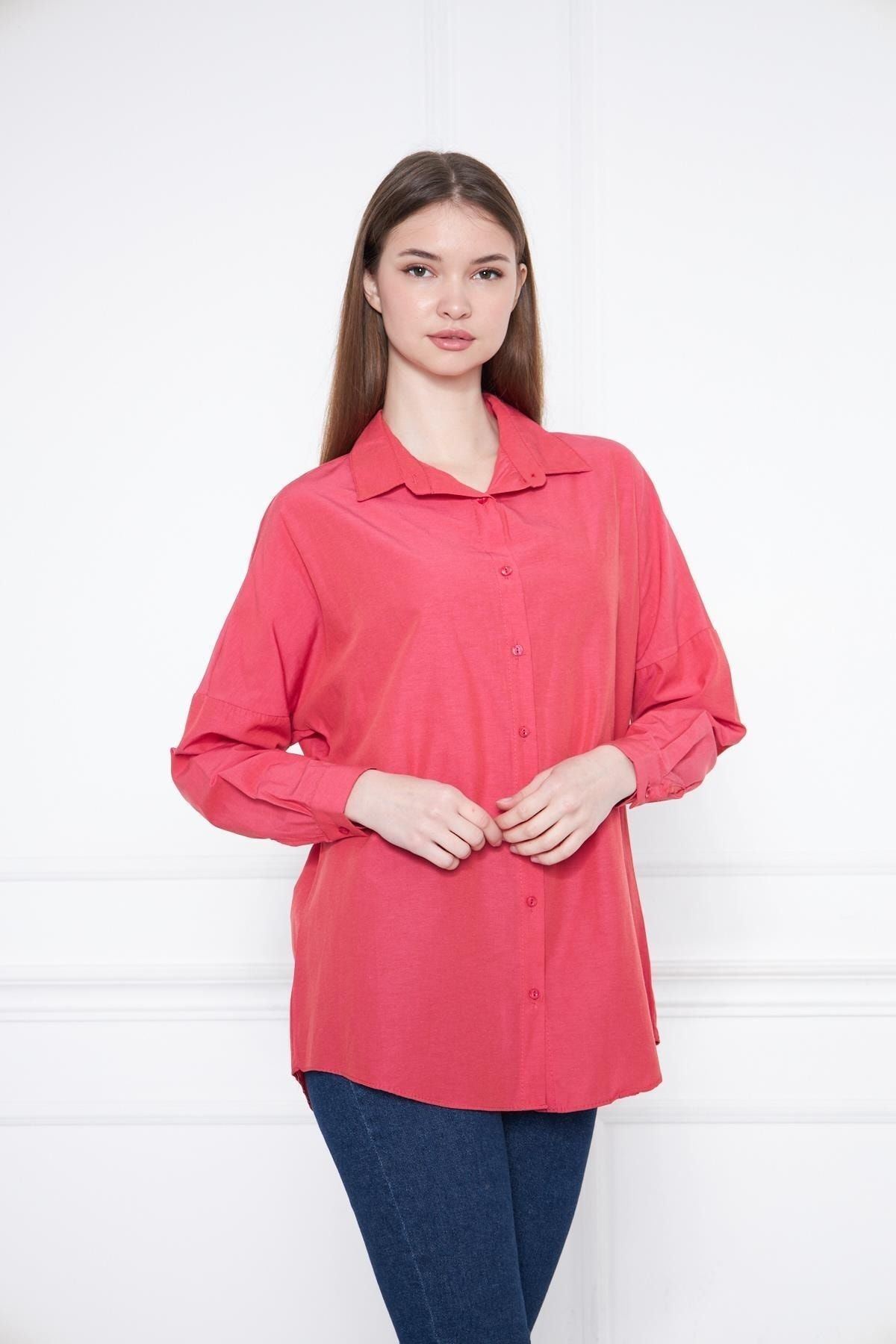 Kadın Oversize Uzun Basic Nar Gömlek