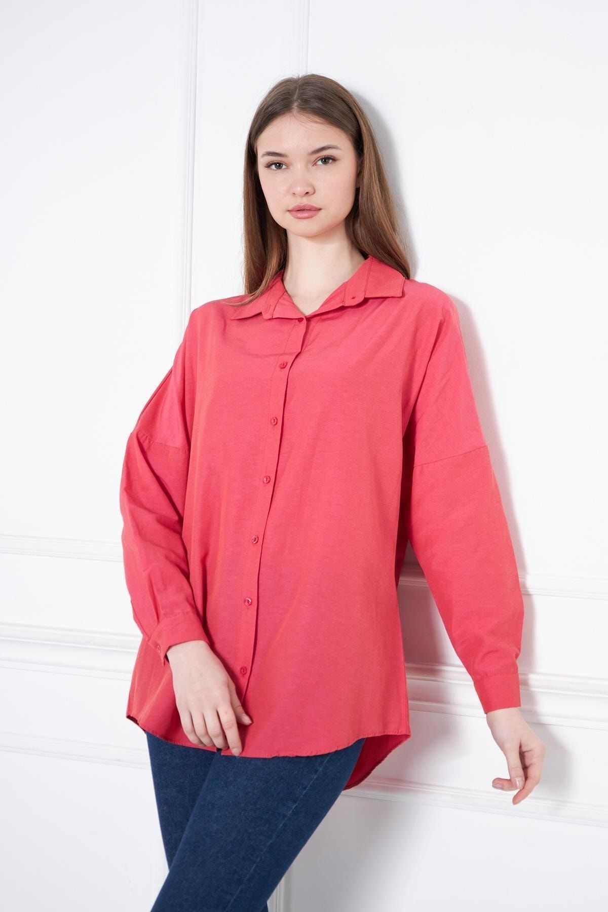 Kadın Oversize Uzun Basic Nar Gömlek