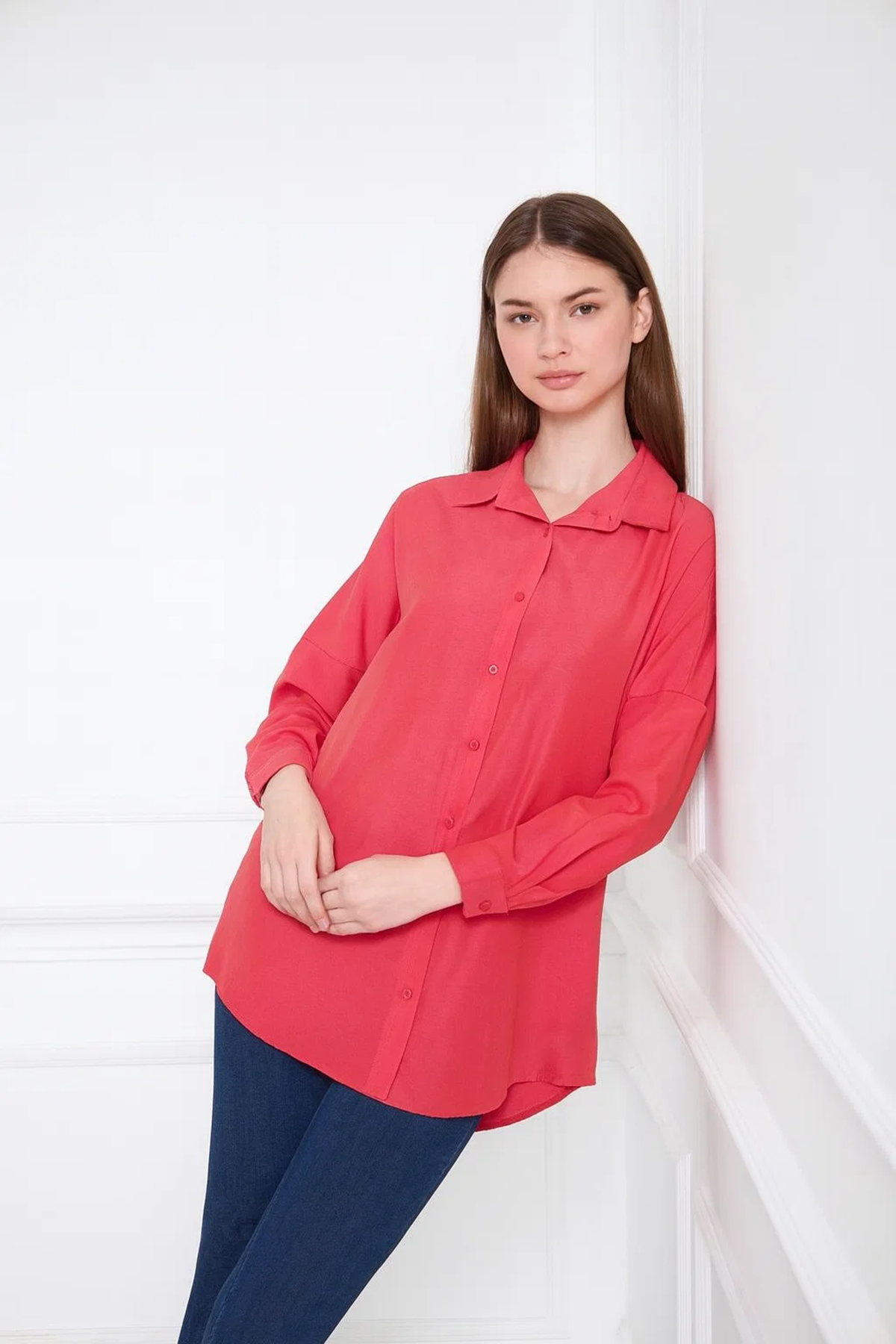 Kadın Oversize Uzun Basic Nar Gömlek