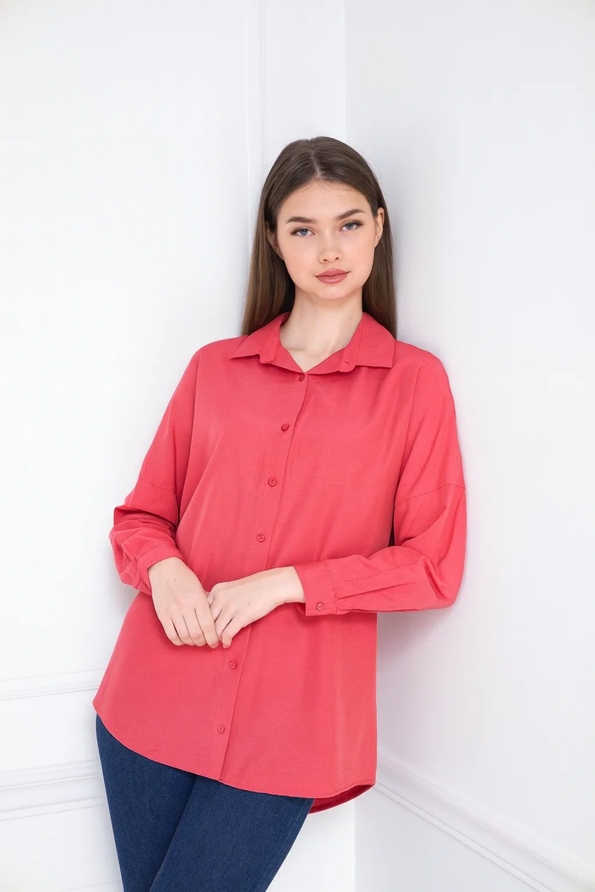 Kadın Oversize Uzun Basic Nar Gömlek
