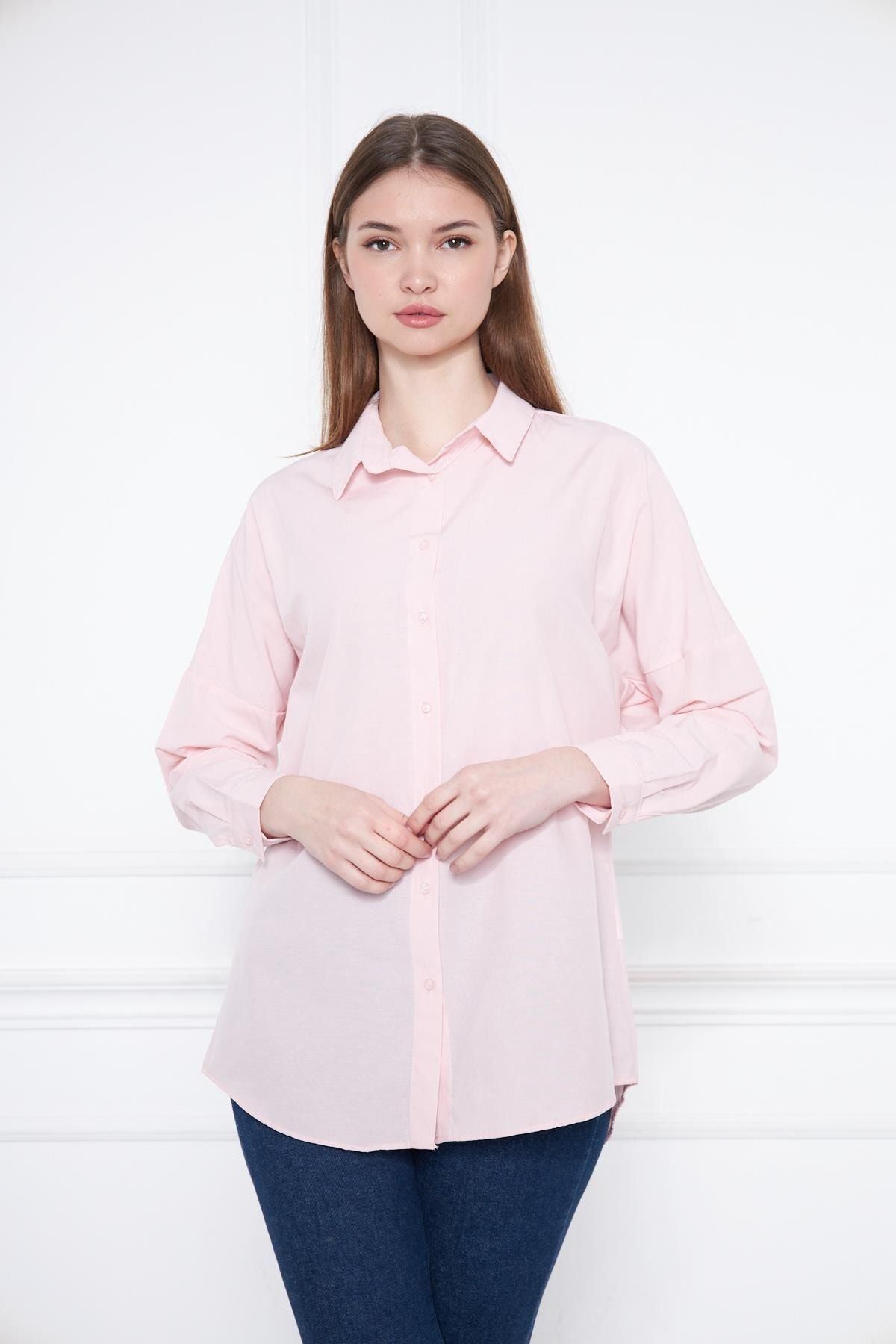 Kadın Oversize Uzun Basic Pudra Gömlek