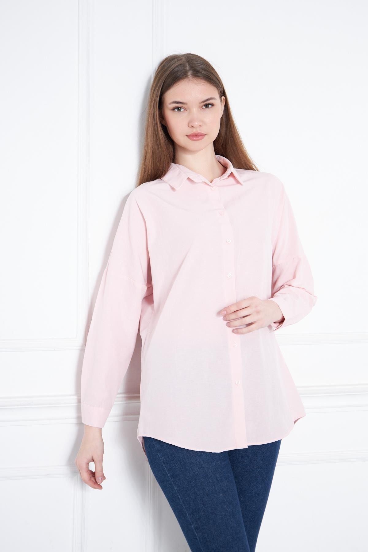 Kadın Oversize Uzun Basic Pudra Gömlek