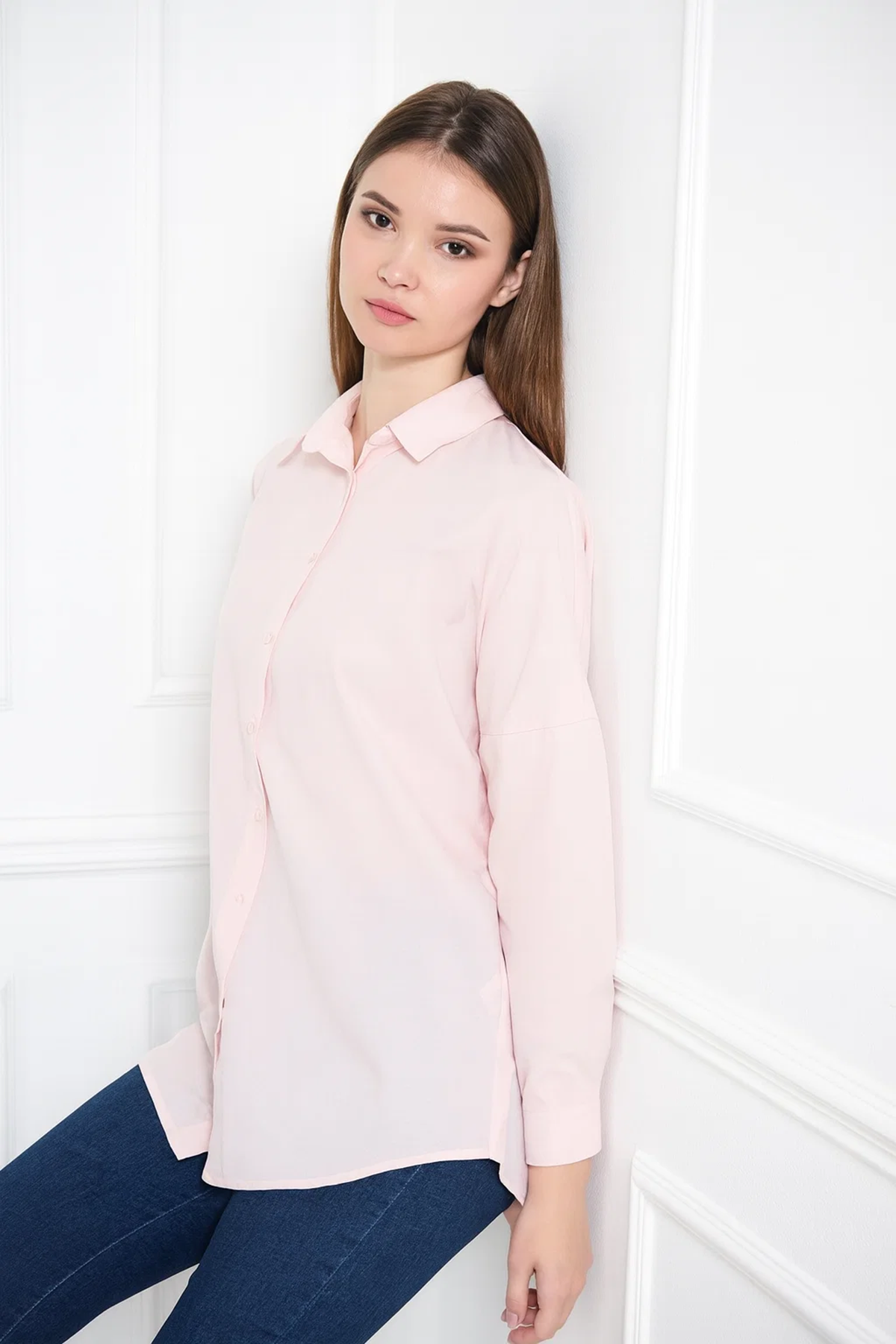 Kadın Oversize Uzun Basic Pudra Gömlek