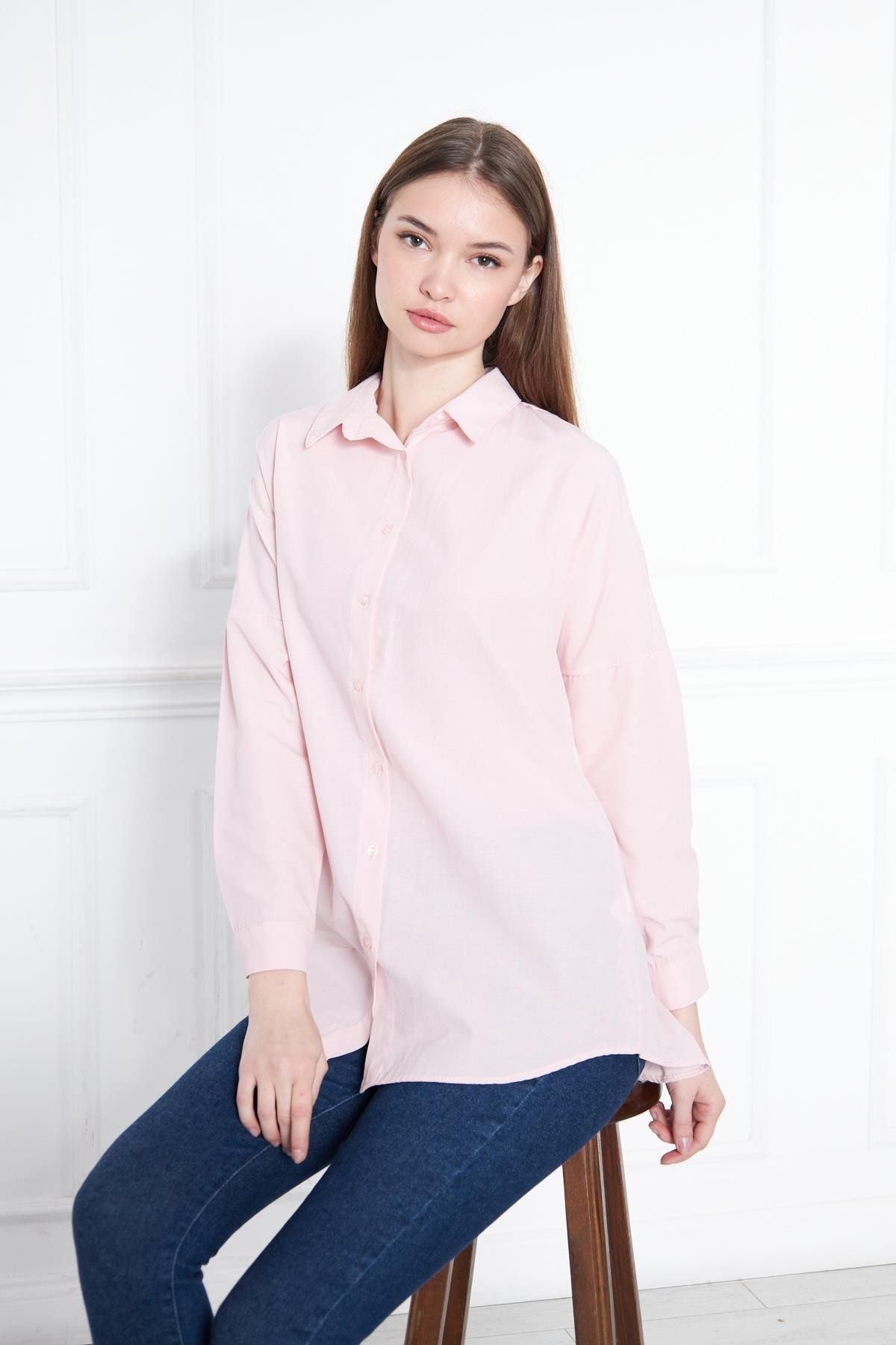 Kadın Oversize Uzun Basic Pudra Gömlek