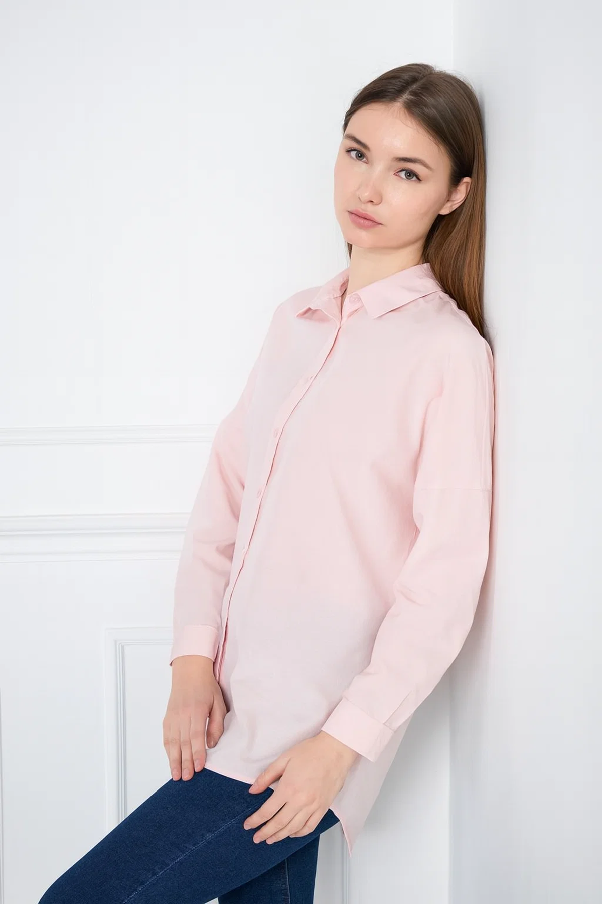 Kadın Oversize Uzun Basic Pudra Gömlek