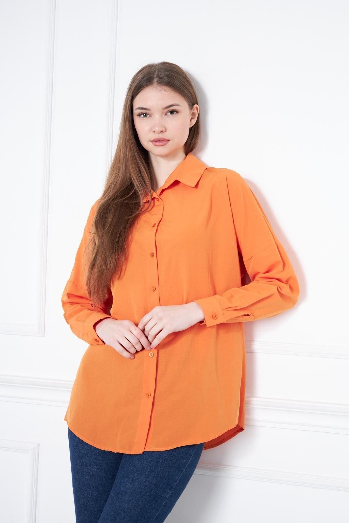 Kadın Oversize Uzun Basic Turuncu Gömlek