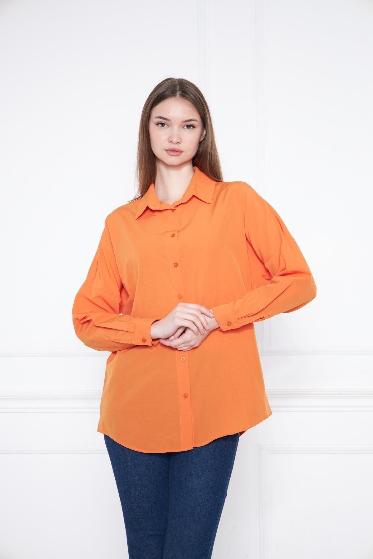 Kadın Oversize Uzun Basic Turuncu Gömlek