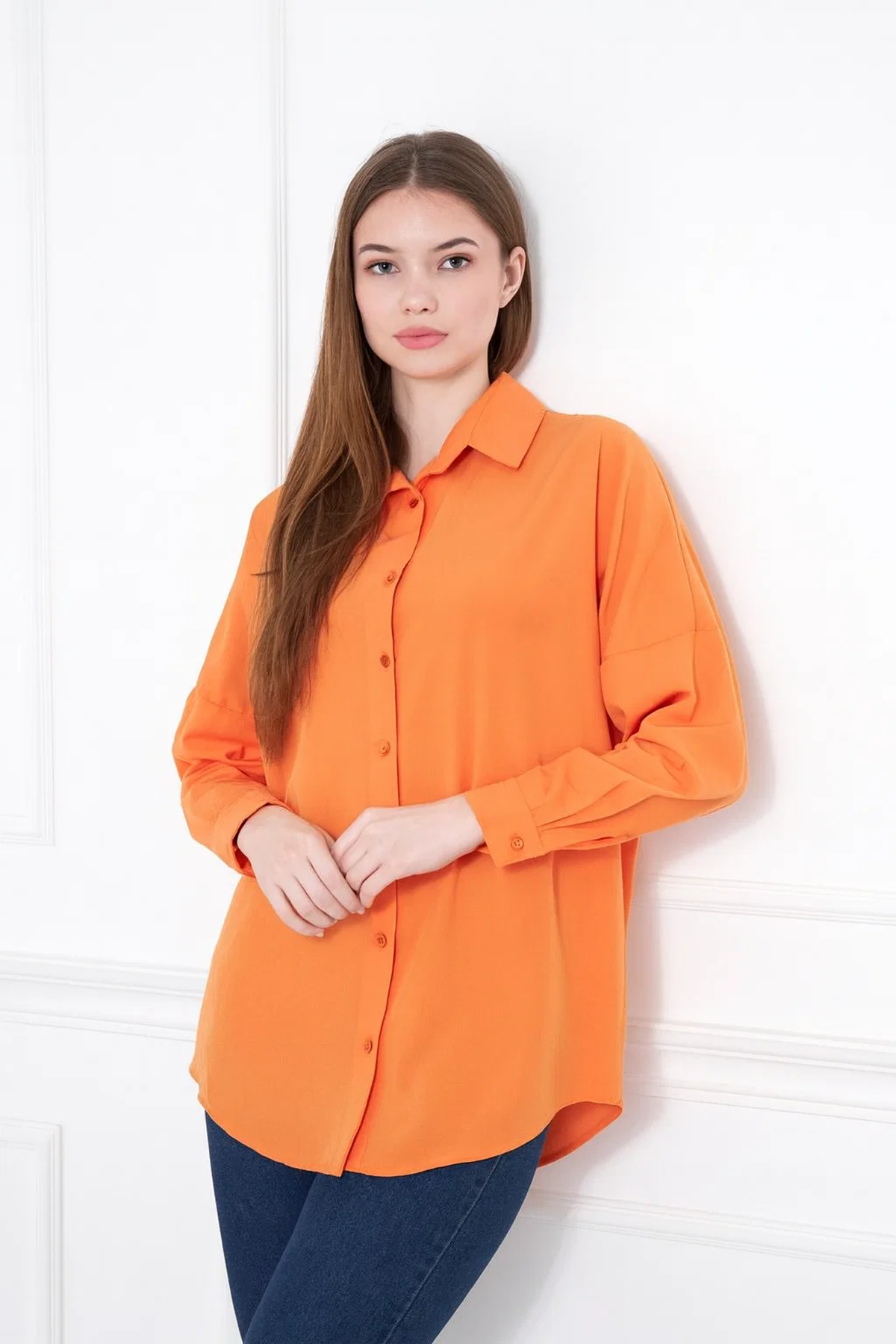 Kadın Oversize Uzun Basic Turuncu Gömlek