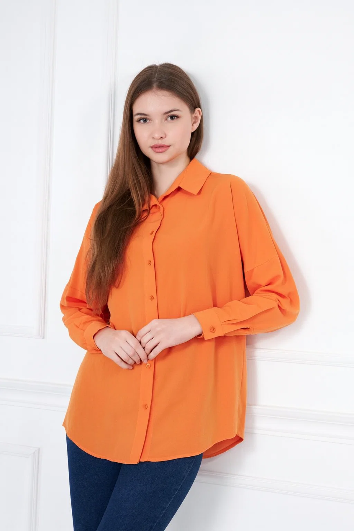 Kadın Oversize Uzun Basic Turuncu Gömlek