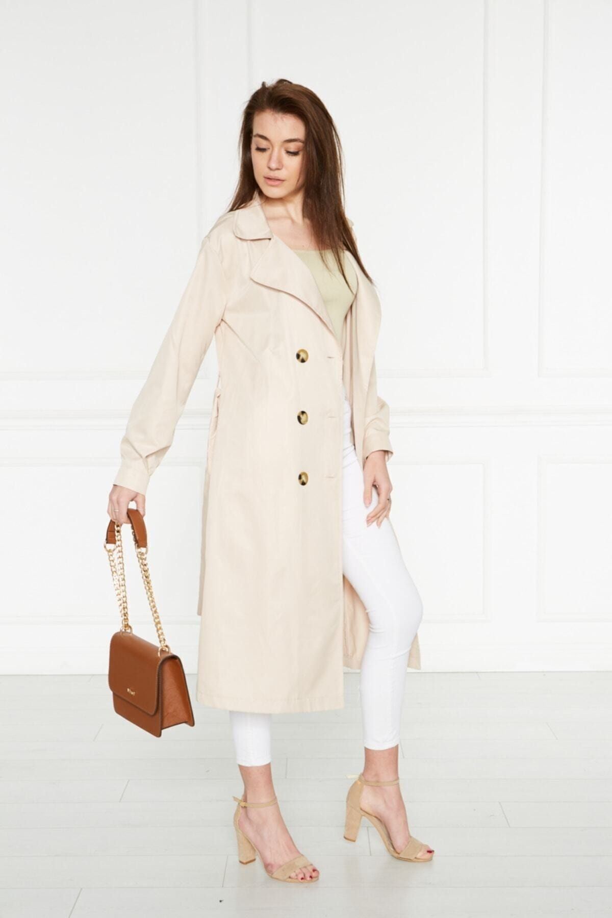 Astarsız Cepli Düğmeli Kuşaklı Yazlık Trenç