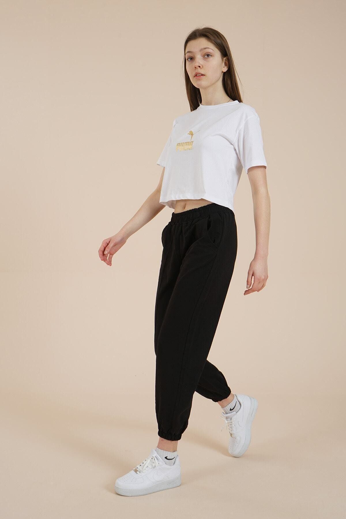 Kadın Siyah Ön Çima Dikişli Eşofman Altı