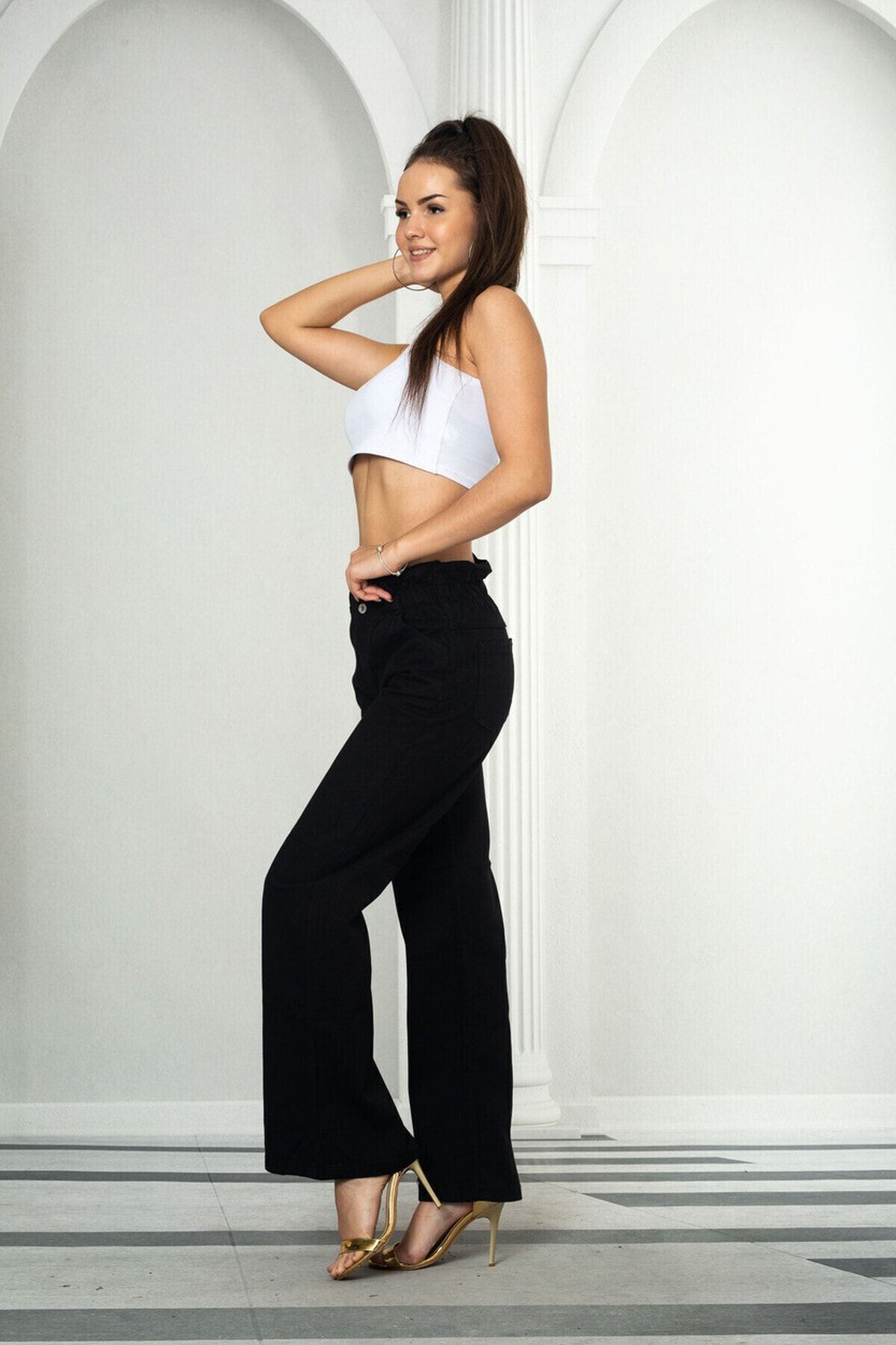 Kadın Siyah Beli Lastikli Yüksek Bel Palazzo Jeans