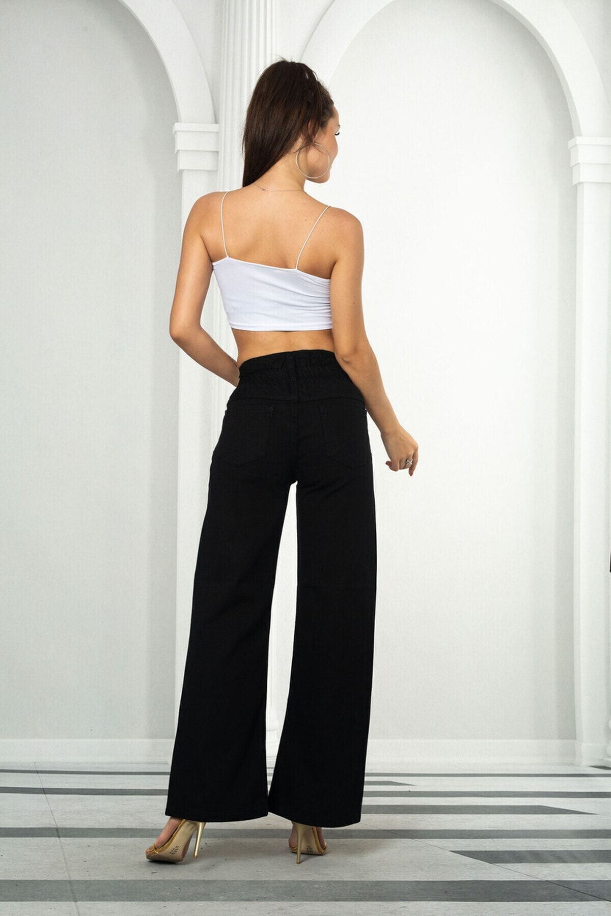 Kadın Siyah Beli Lastikli Yüksek Bel Palazzo Jeans
