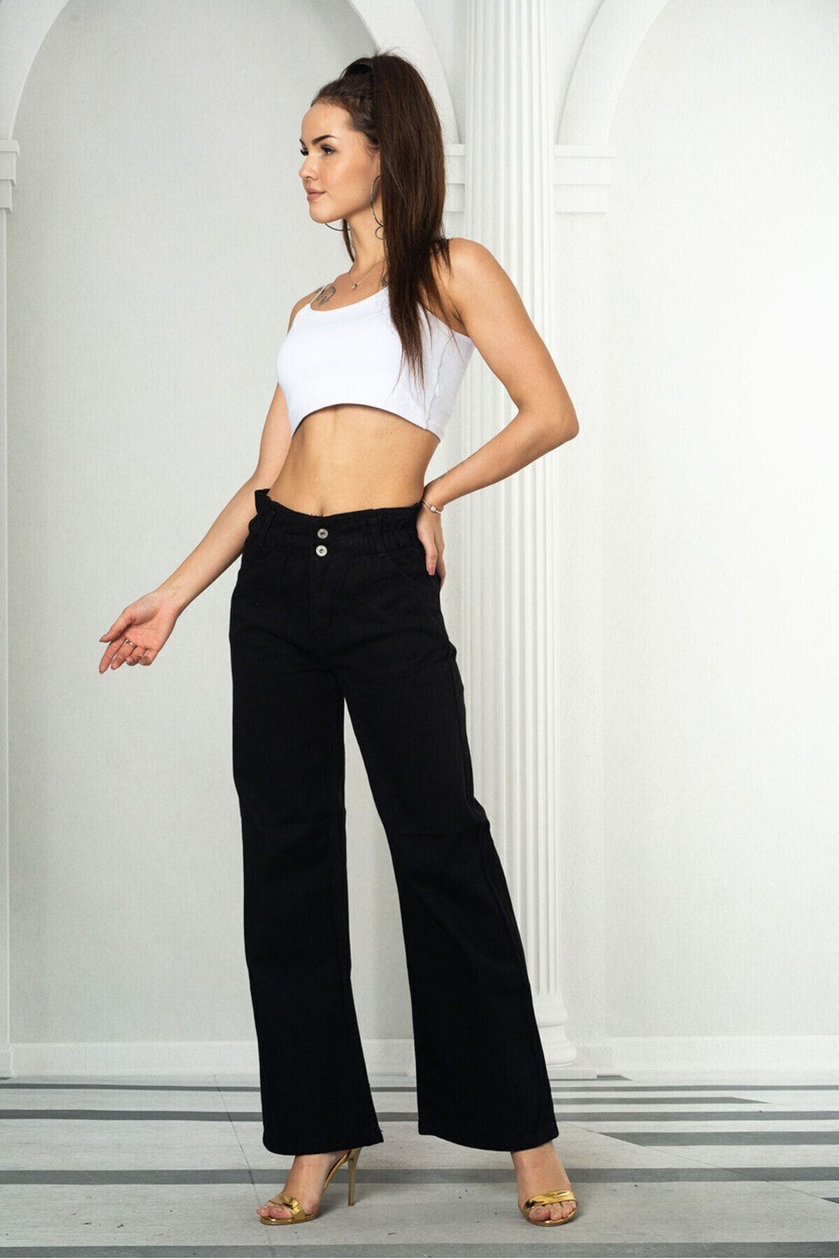Kadın Siyah Beli Lastikli Yüksek Bel Palazzo Jeans