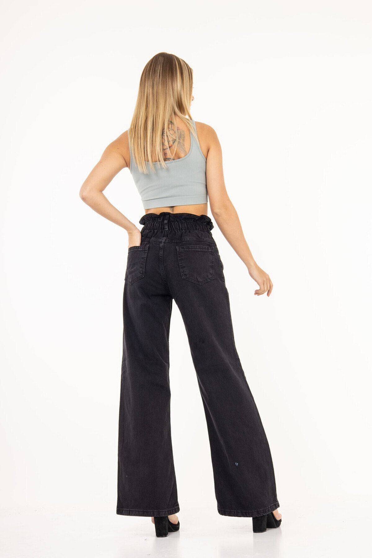 Kadın Füme Beli Lastikli Yüksek Bel Palazzo Jeans